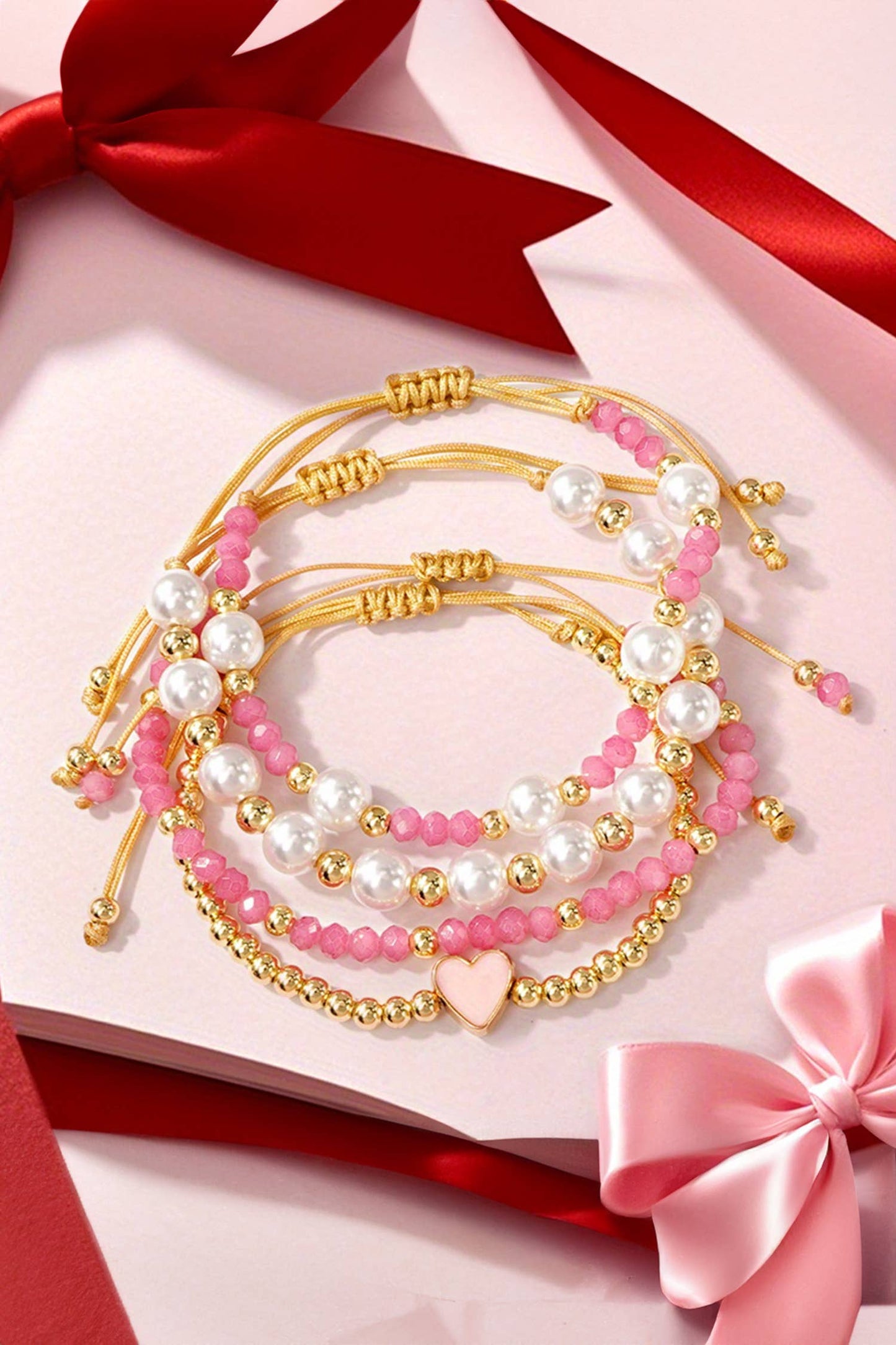 Valentines Golden Beads Adjustable String 4pcs Bracelet Set