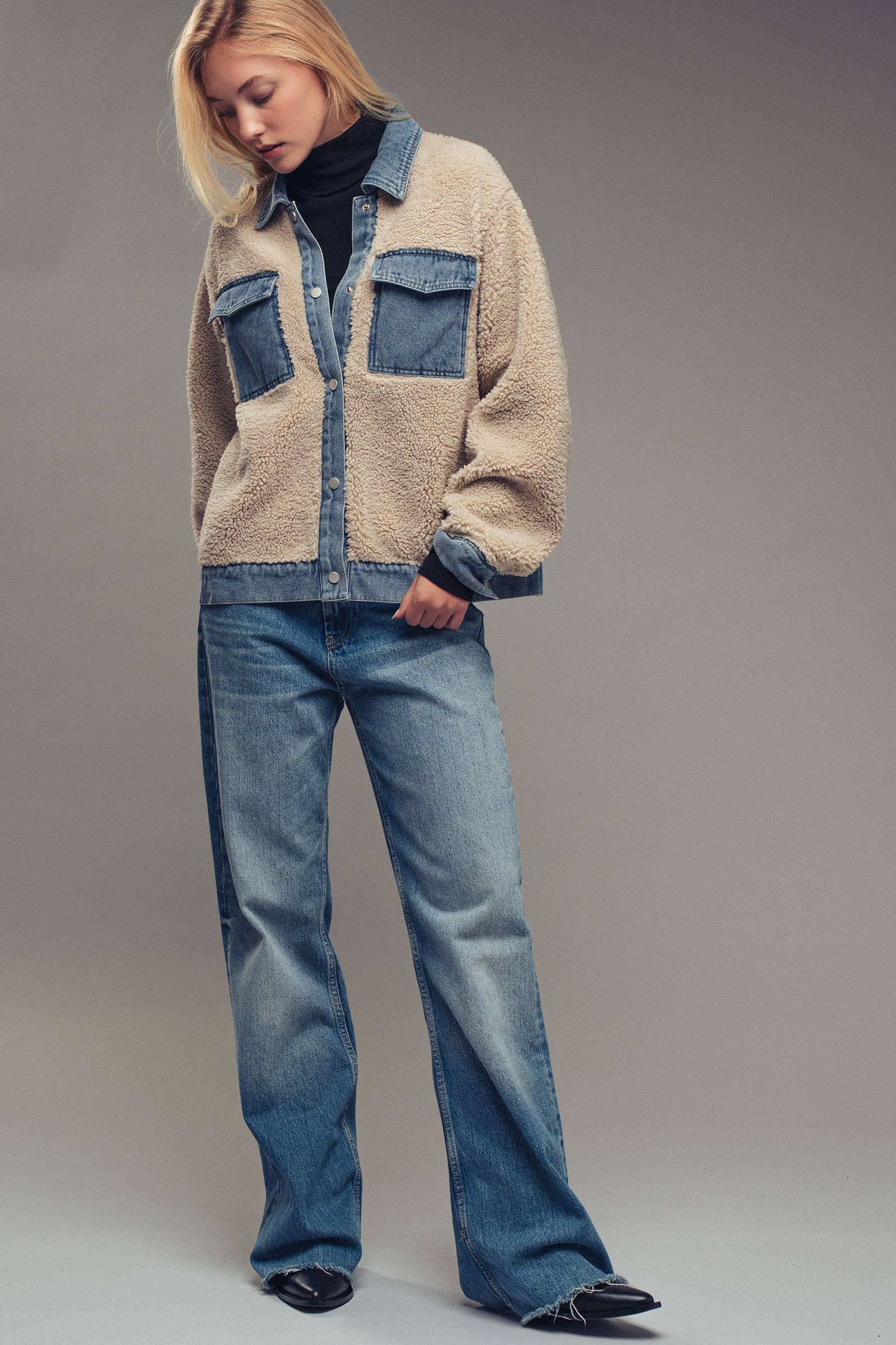 Denim Trim Cozy Sherpa Jacket