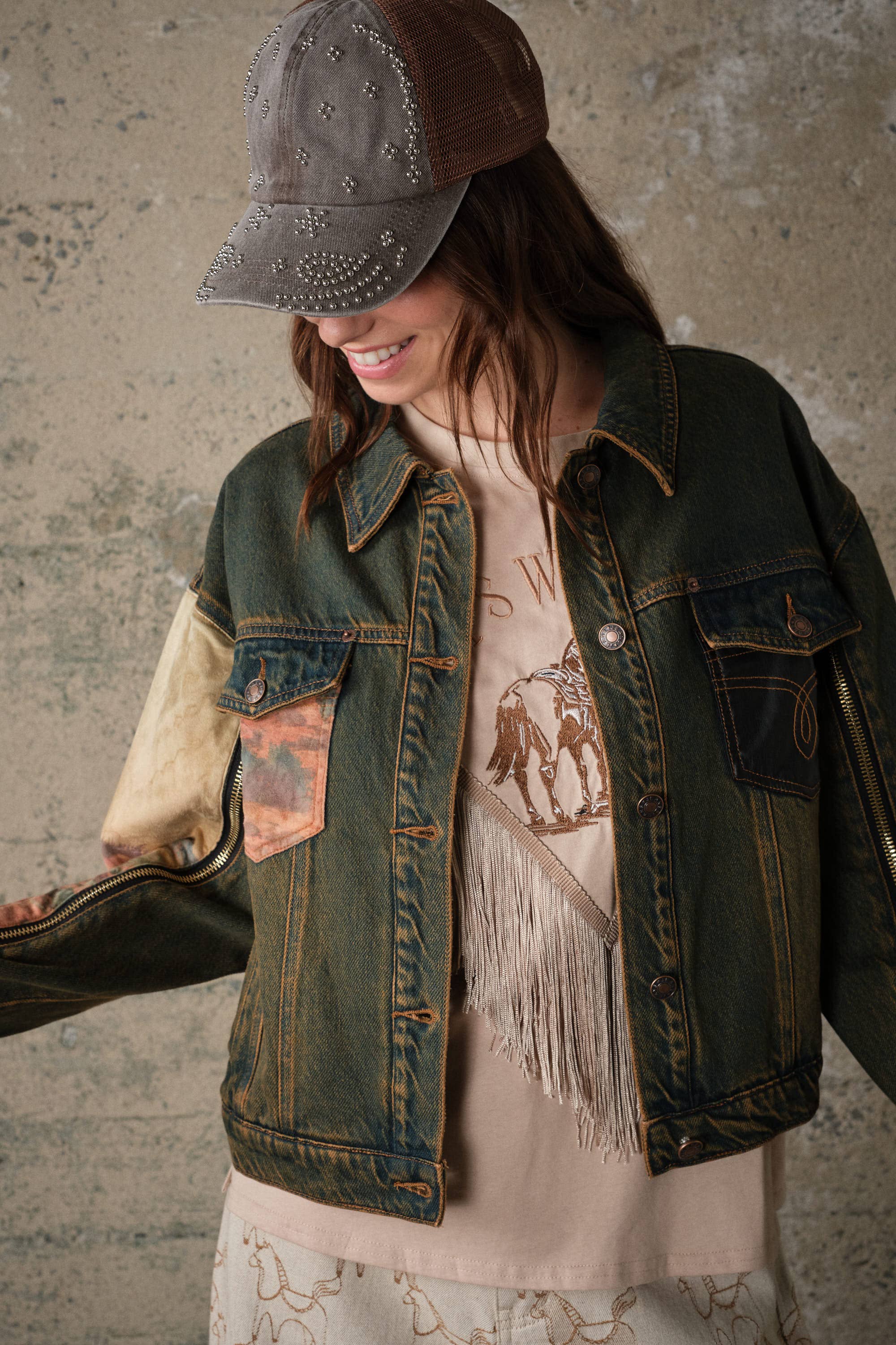 15544J Western Print Mix Denim Jacket