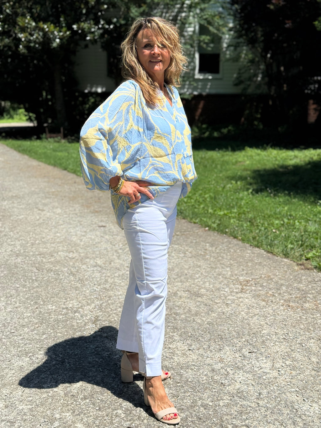Yellow and Blue long sleeve Blouse