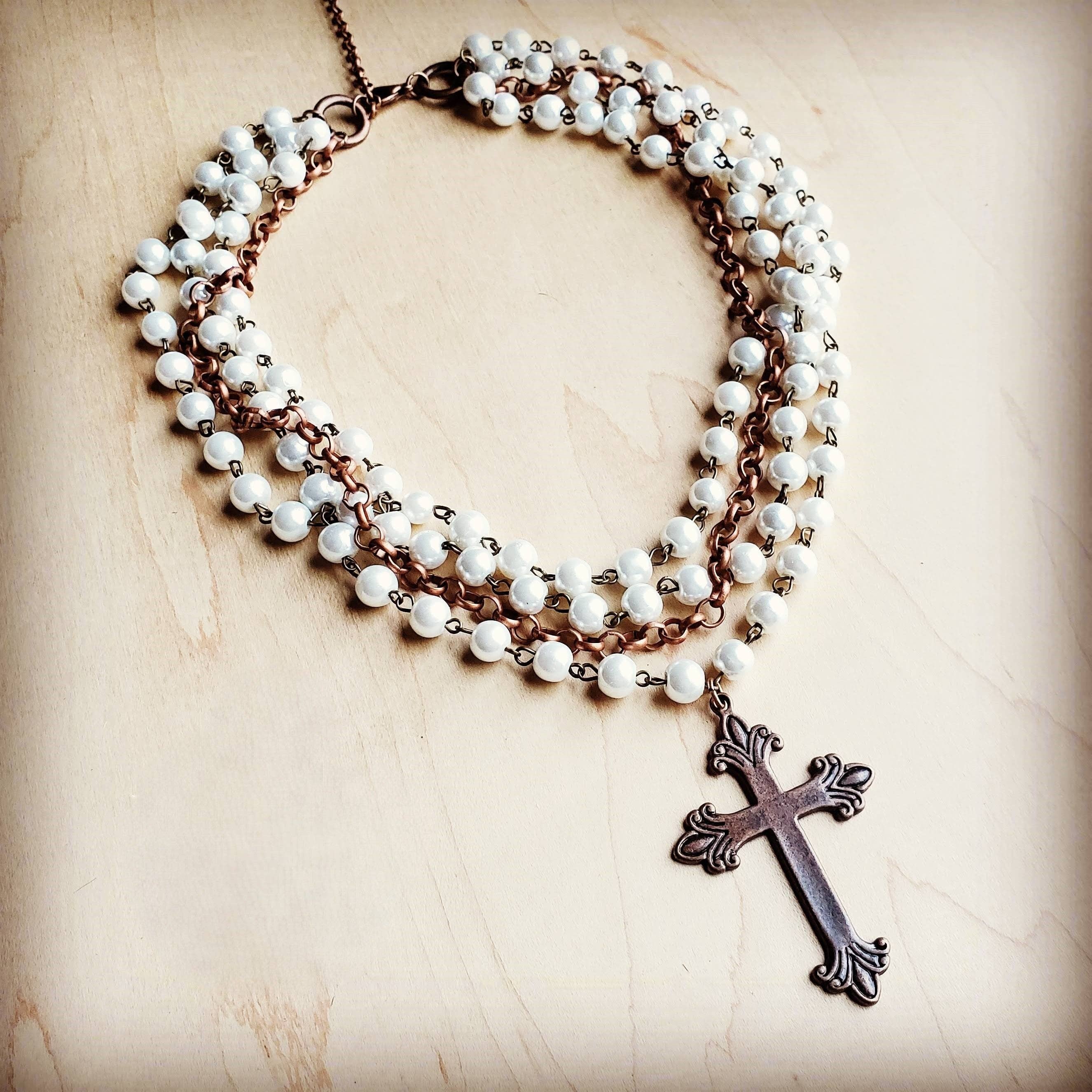 Pearl and Copper Beaded Collar Necklace with Copper Cross