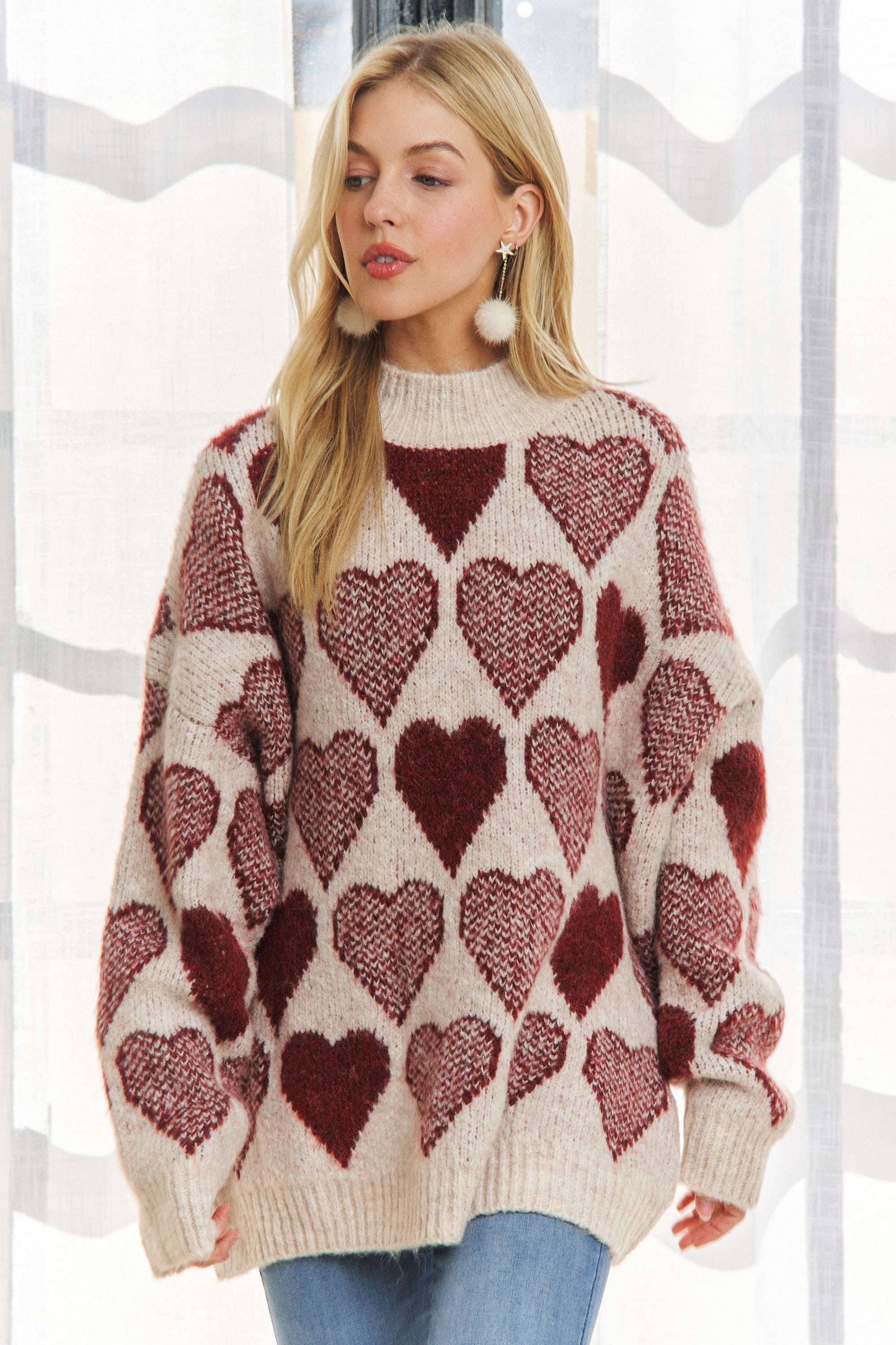 CESW2409 - MOCK NECK HEART PRINT PULLOVER SWEATER