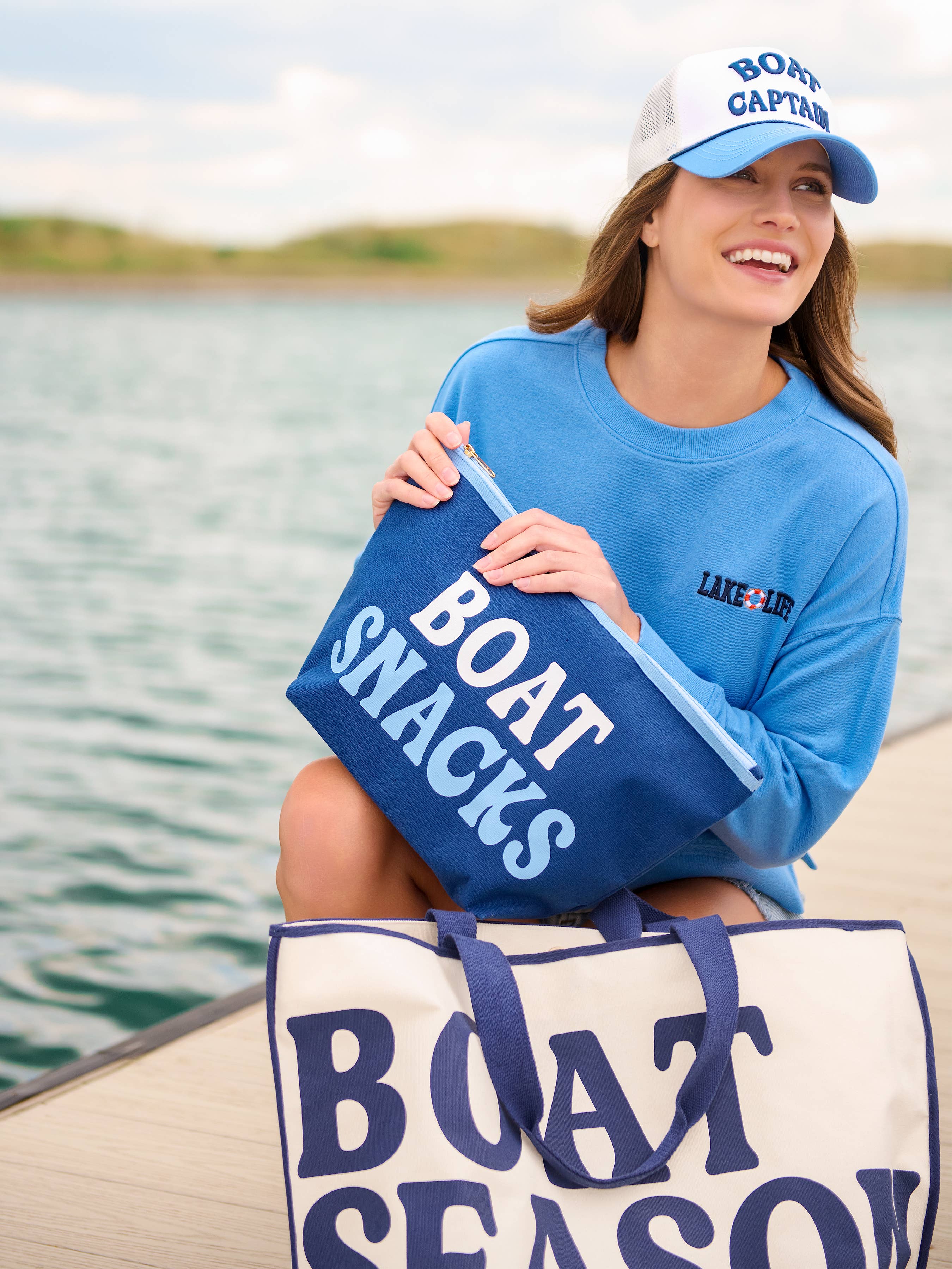 "BOAT SNACKS" LARGE ZIP POUCH,NAVY
