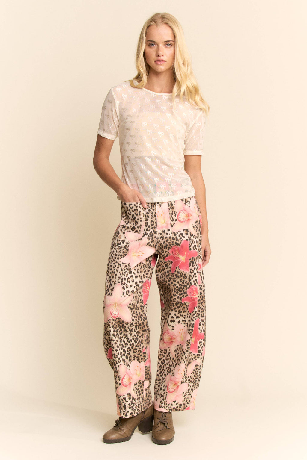 LEOPARD FLORAL PRINT RELAXED WIDE LEG PANTS