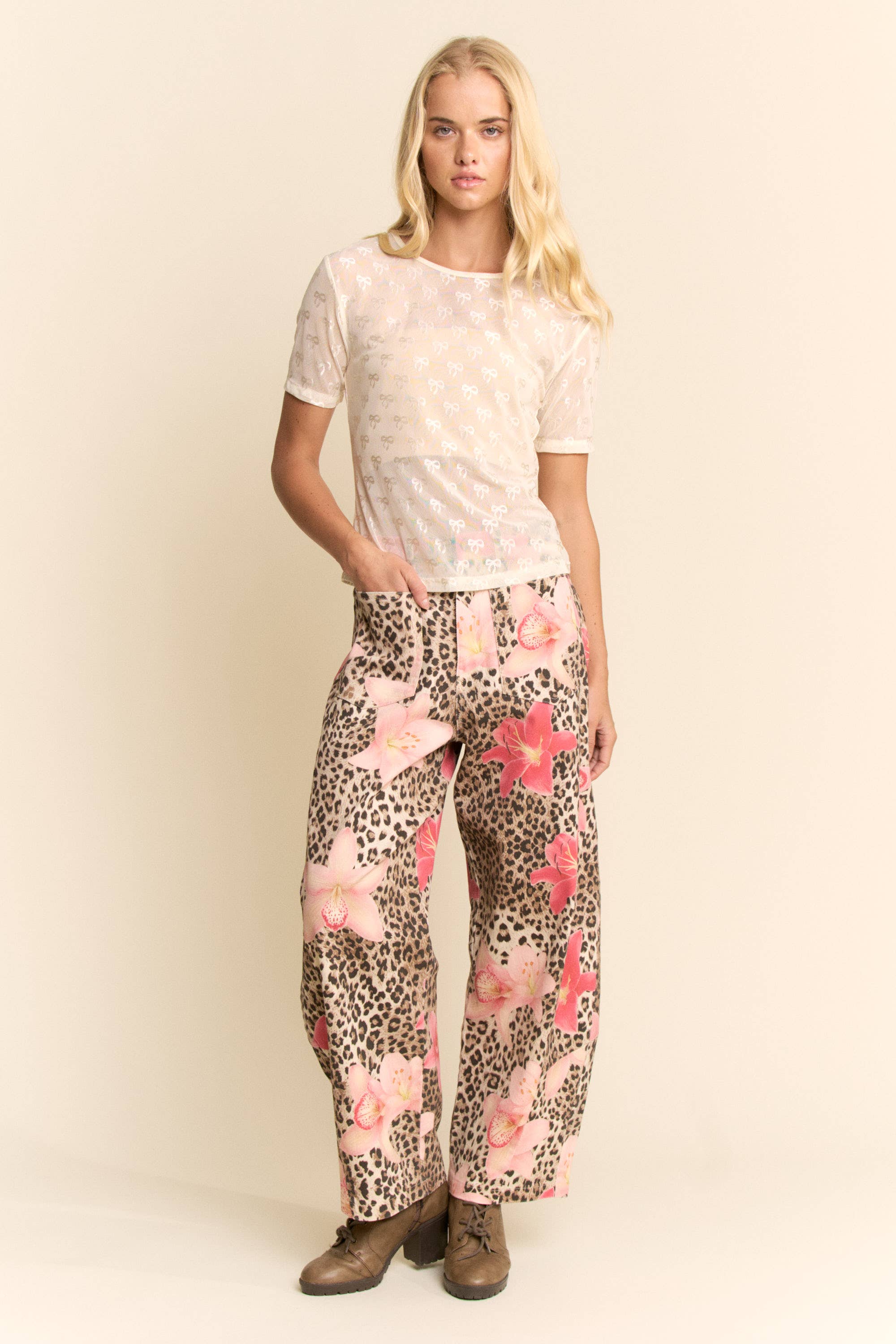 LEOPARD FLORAL PRINT RELAXED WIDE LEG PANTS
