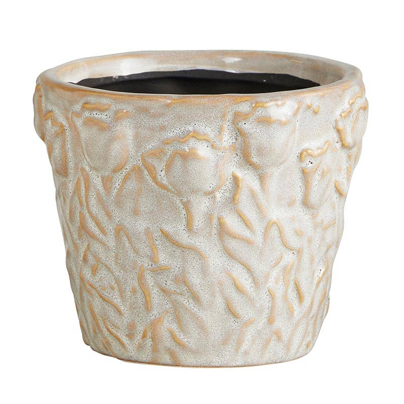 White Ceramic Pot - Medium - Floral Textured Design