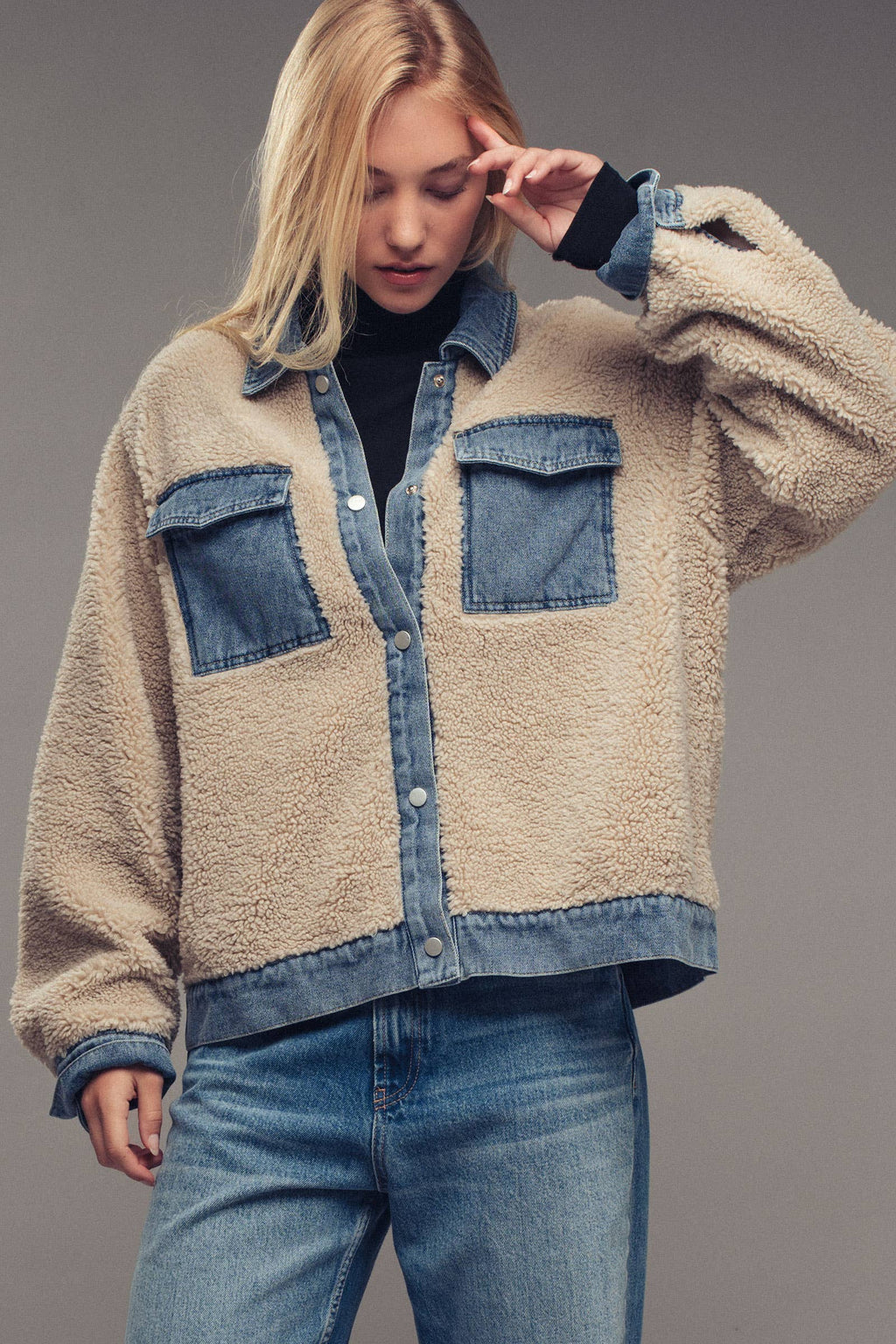 Denim Trim Cozy Sherpa Jacket
