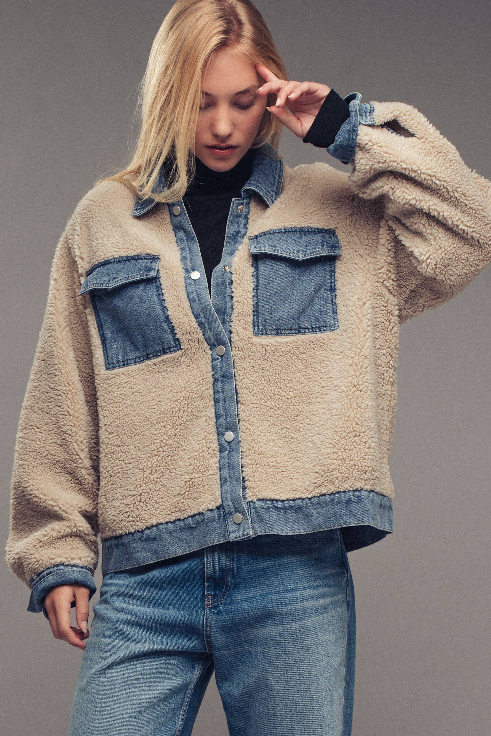 Denim Trim Cozy Sherpa Jacket