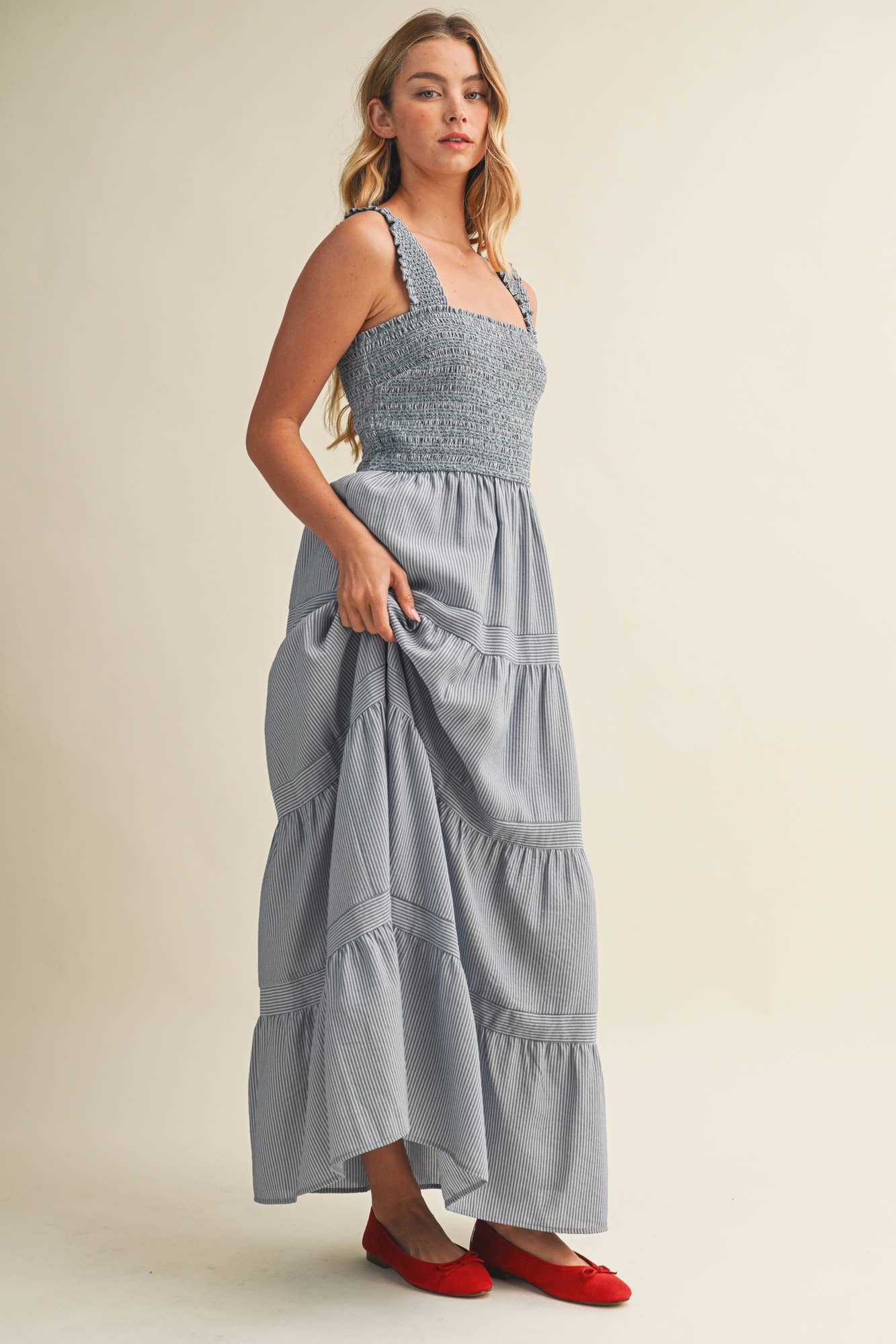 STRIPED SMOCKED-BODICE TIERED DRESS