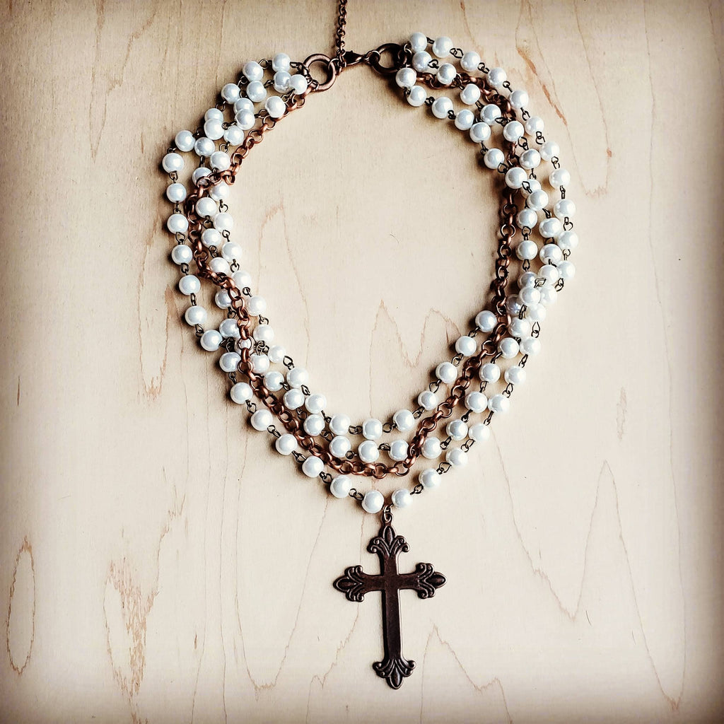 Pearl and Copper Beaded Collar Necklace with Copper Cross