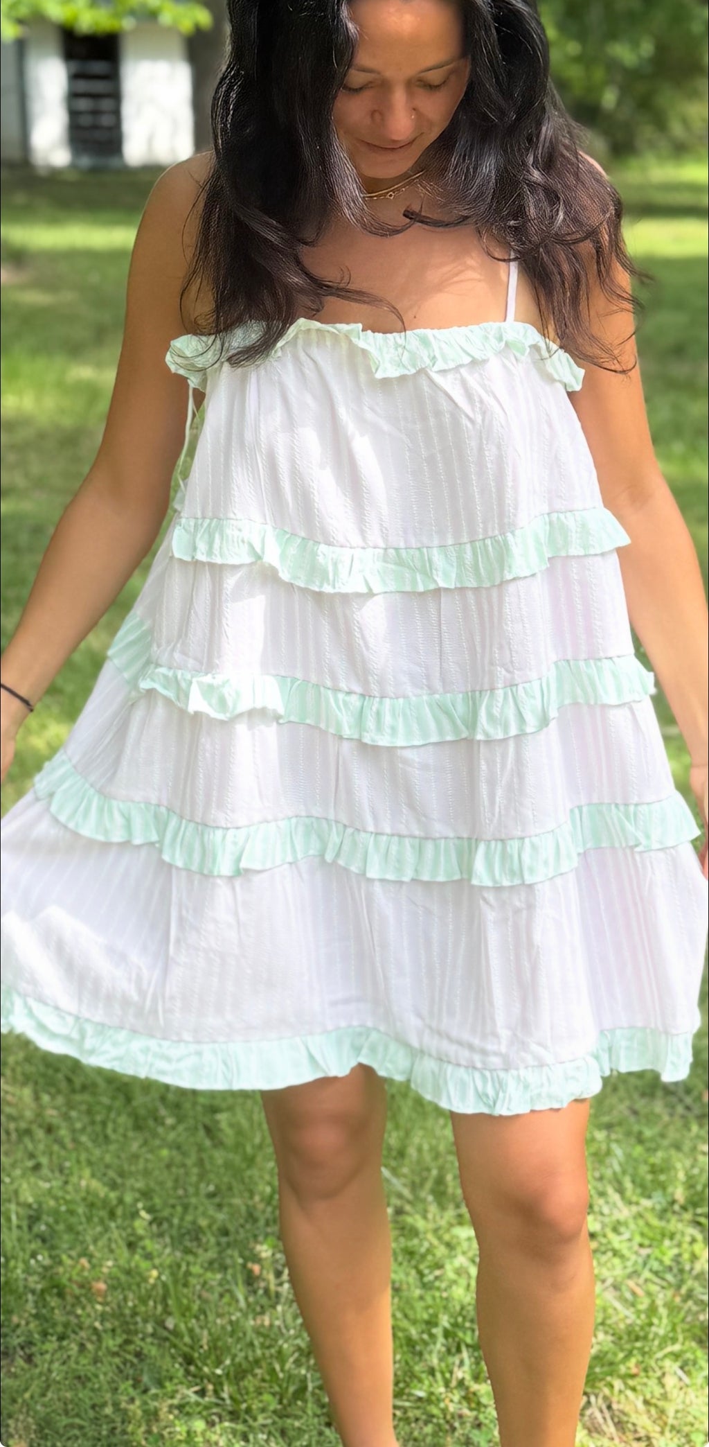Pink and Green Stripped  Ruffle Mini Dress