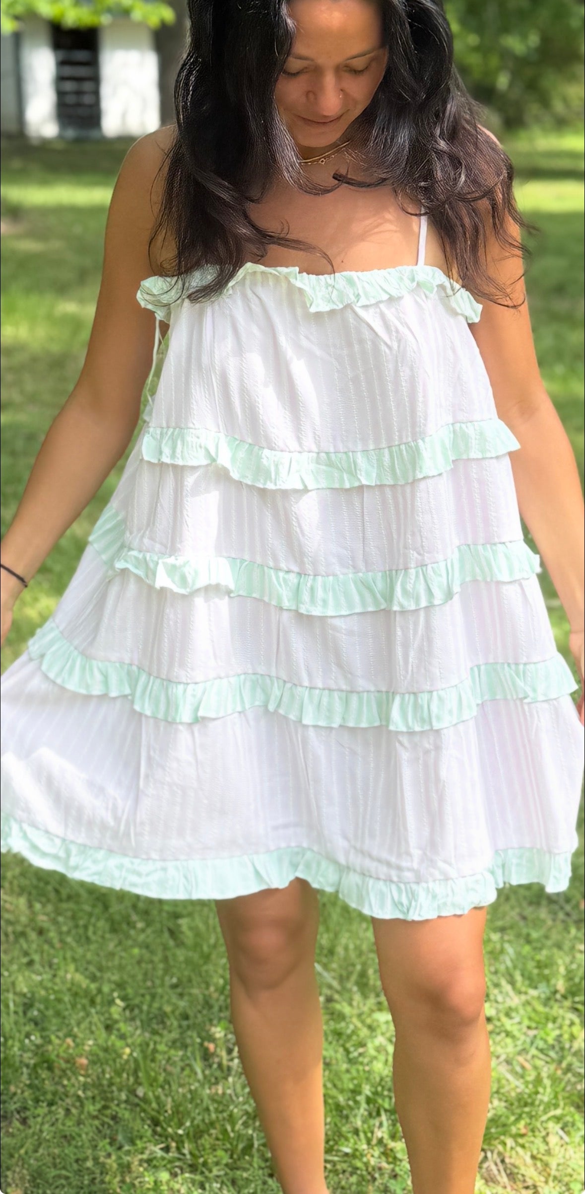 Pink and Green Stripped  Ruffle Mini Dress