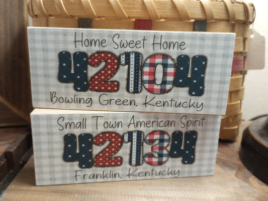 Patriotic Hometown Zip Code Mini Wood Block Sign