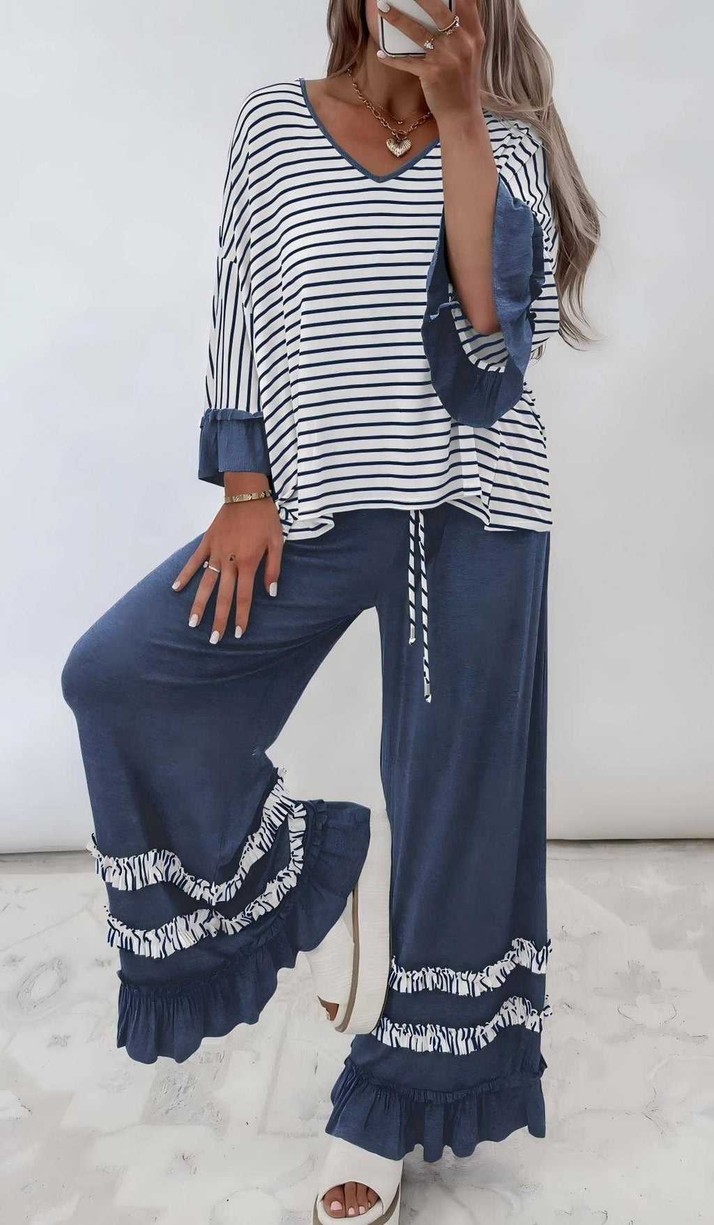Stripe V Neck Ruffle Sleeve Drawstring Pants 2pcs Set (S-XL)