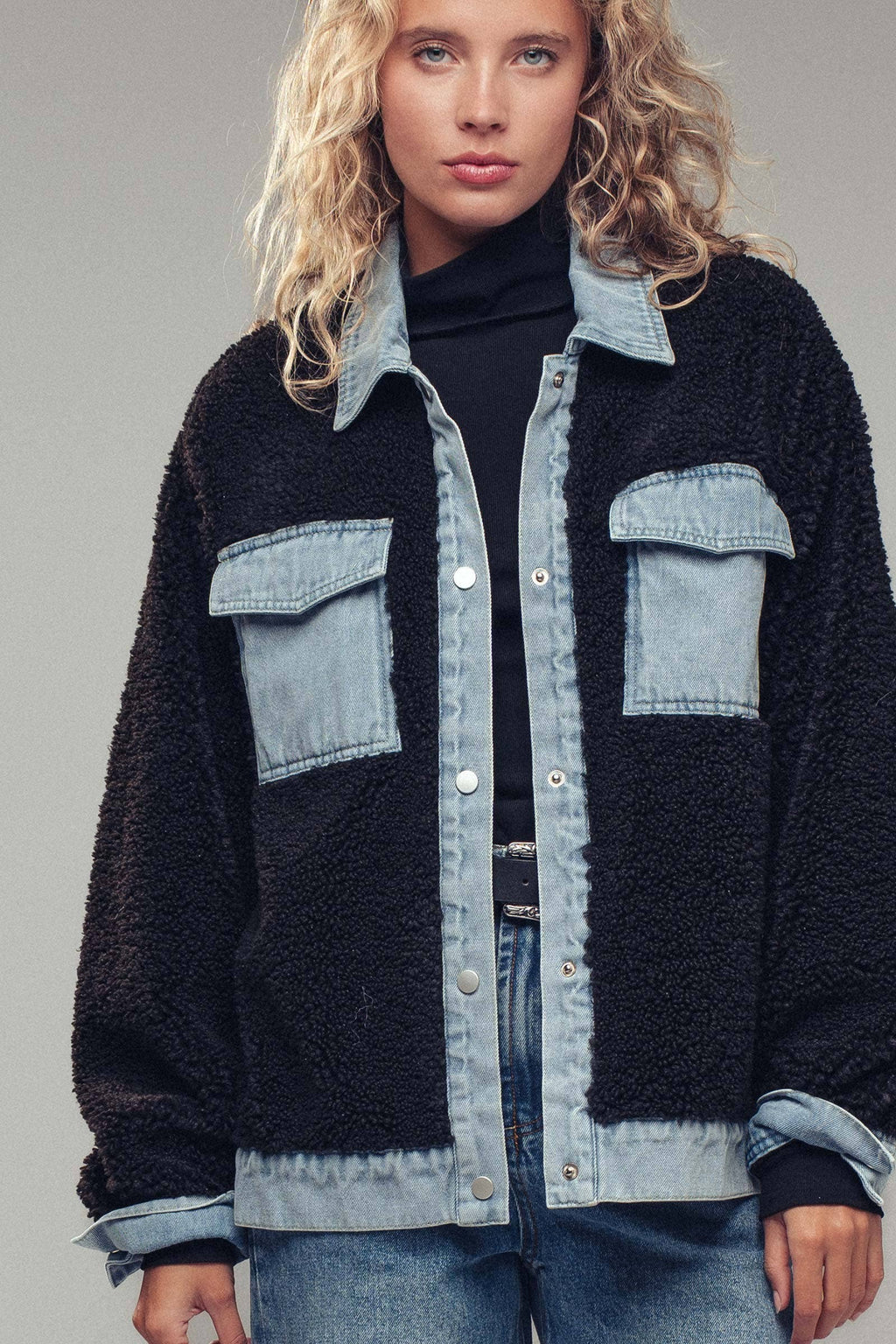 Denim Trim Cozy Sherpa Jacket