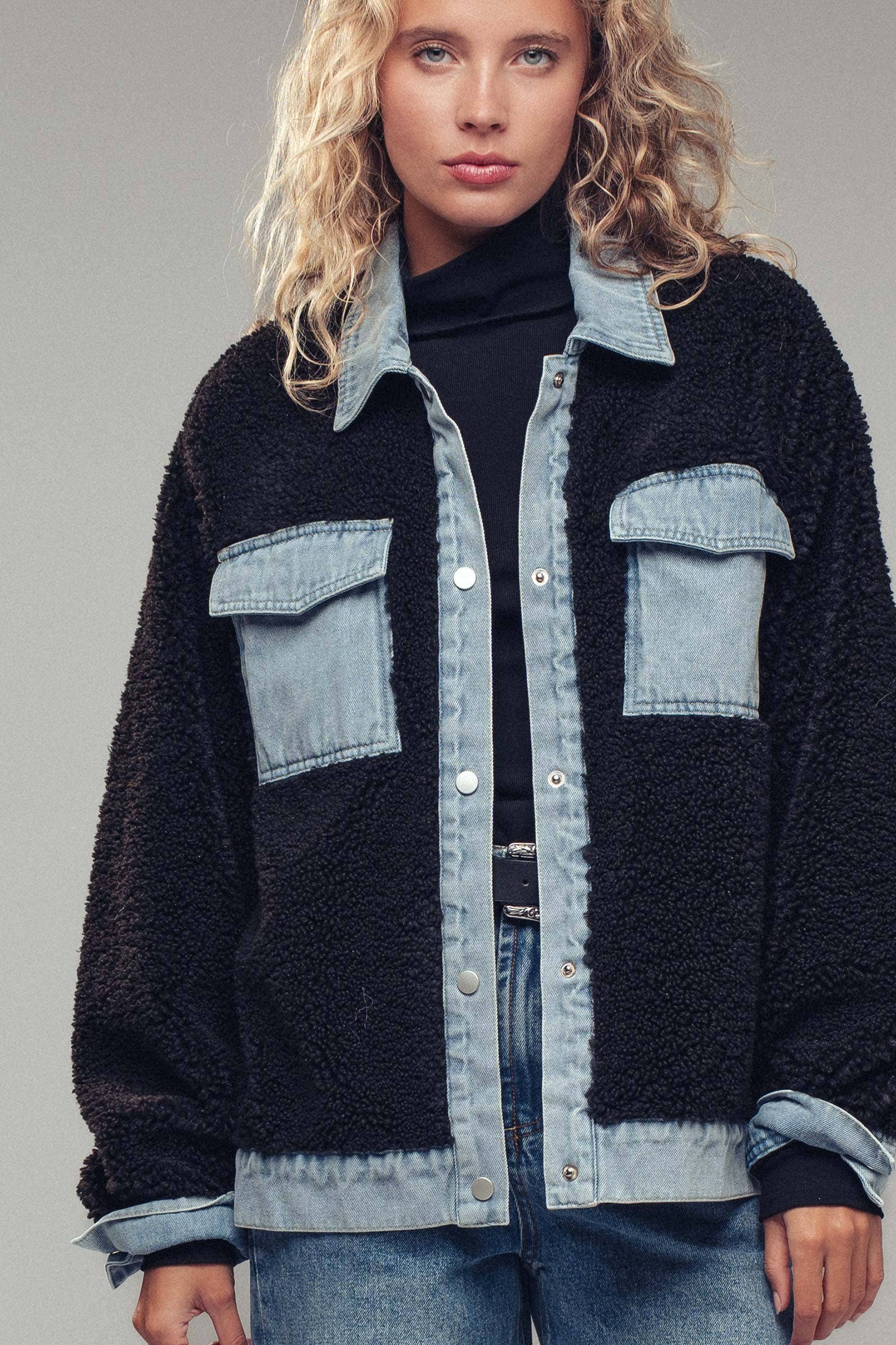 Denim Trim Cozy Sherpa Jacket