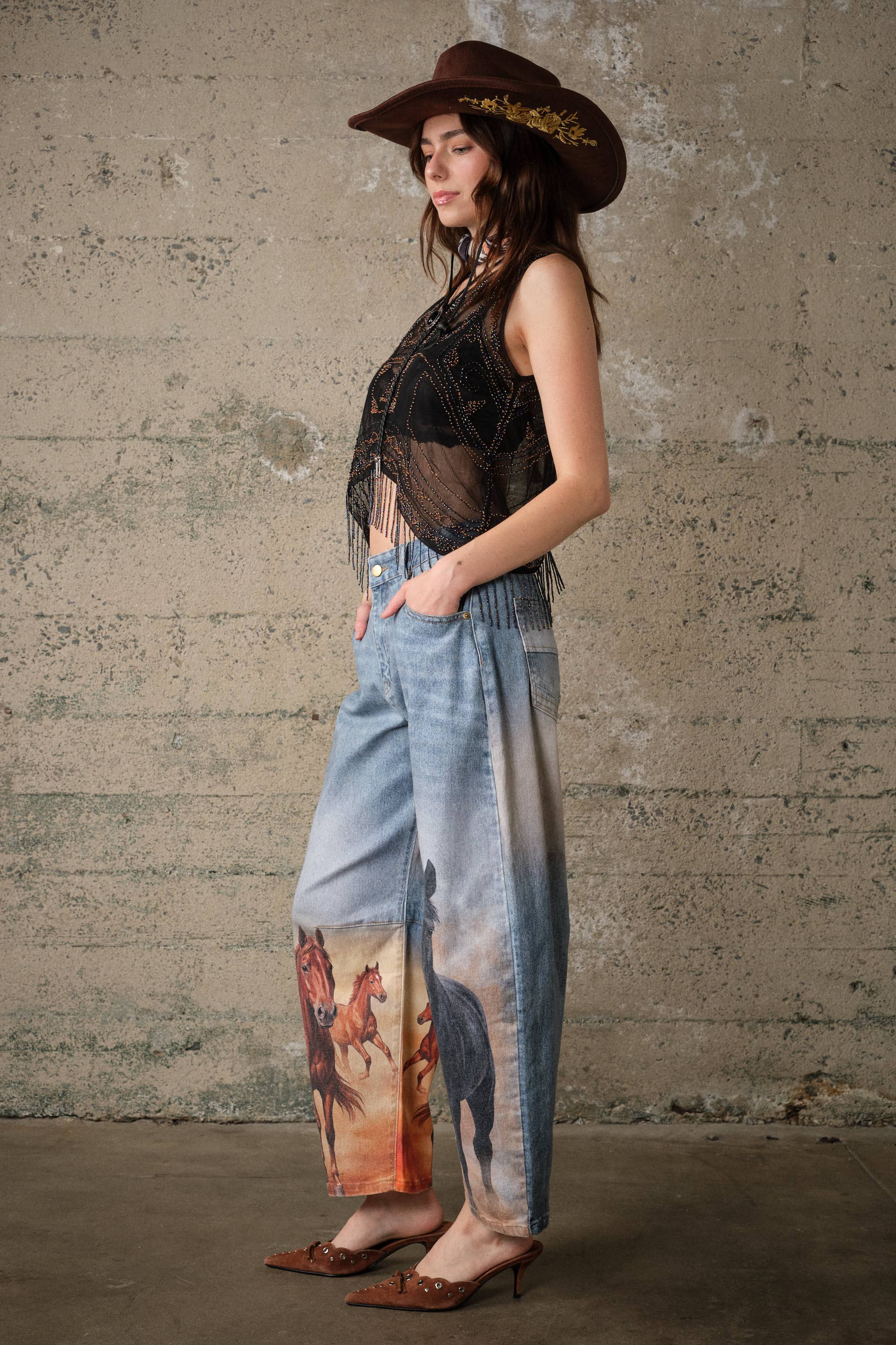 60004P Horse Printed Barrel Leg Denim Pants