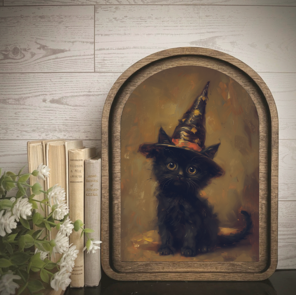 Arch Frame Kitten Witch Hat Halloween | Wood & Canvas