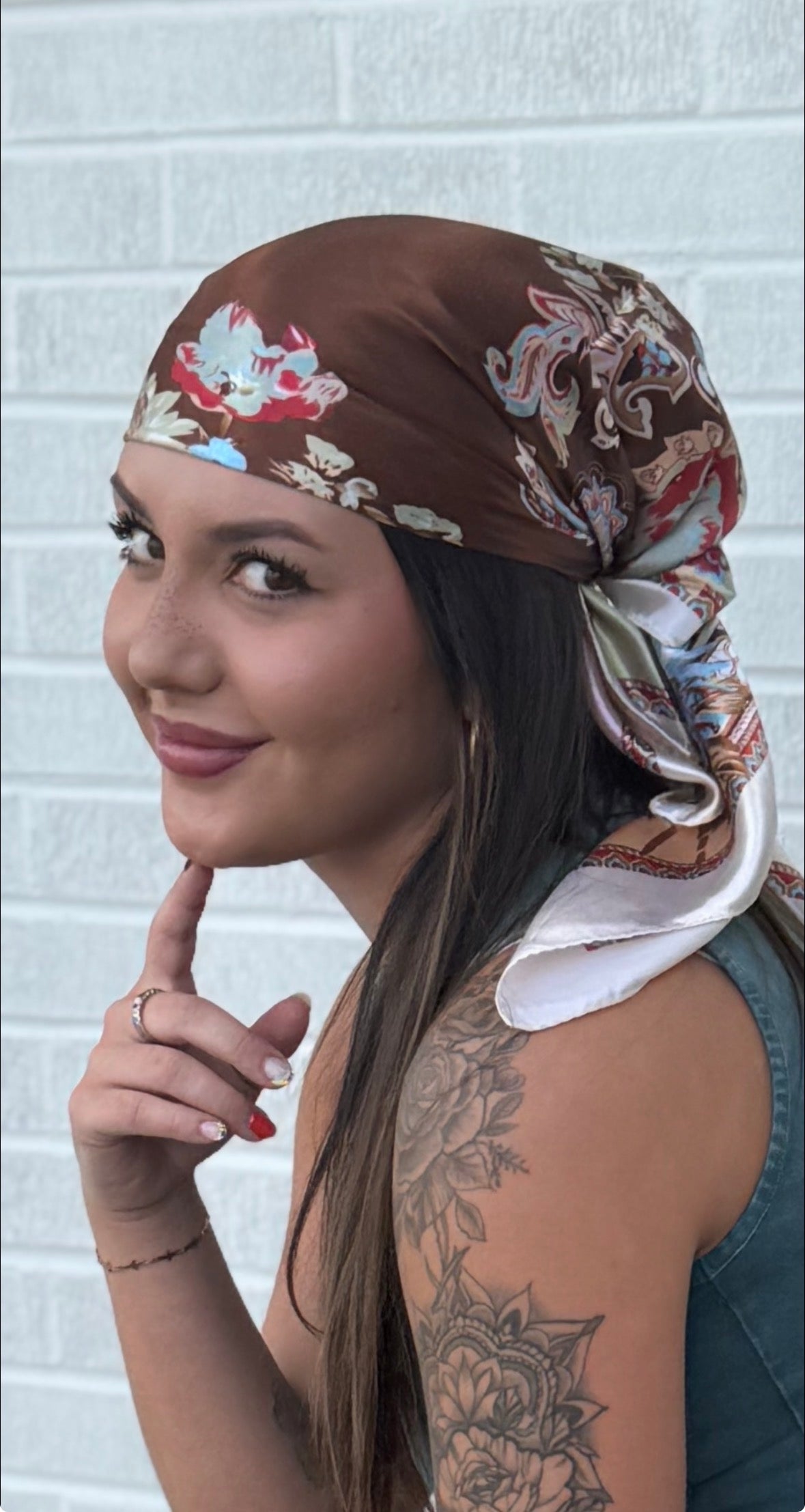 35X35" Brown and Cream Floral Wild Rag / Scarf WR1010