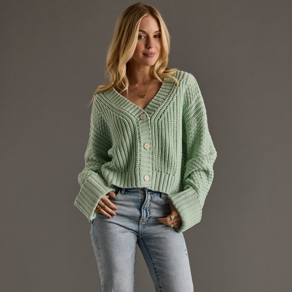 Mint Knit Cropped Button Up Cardigan