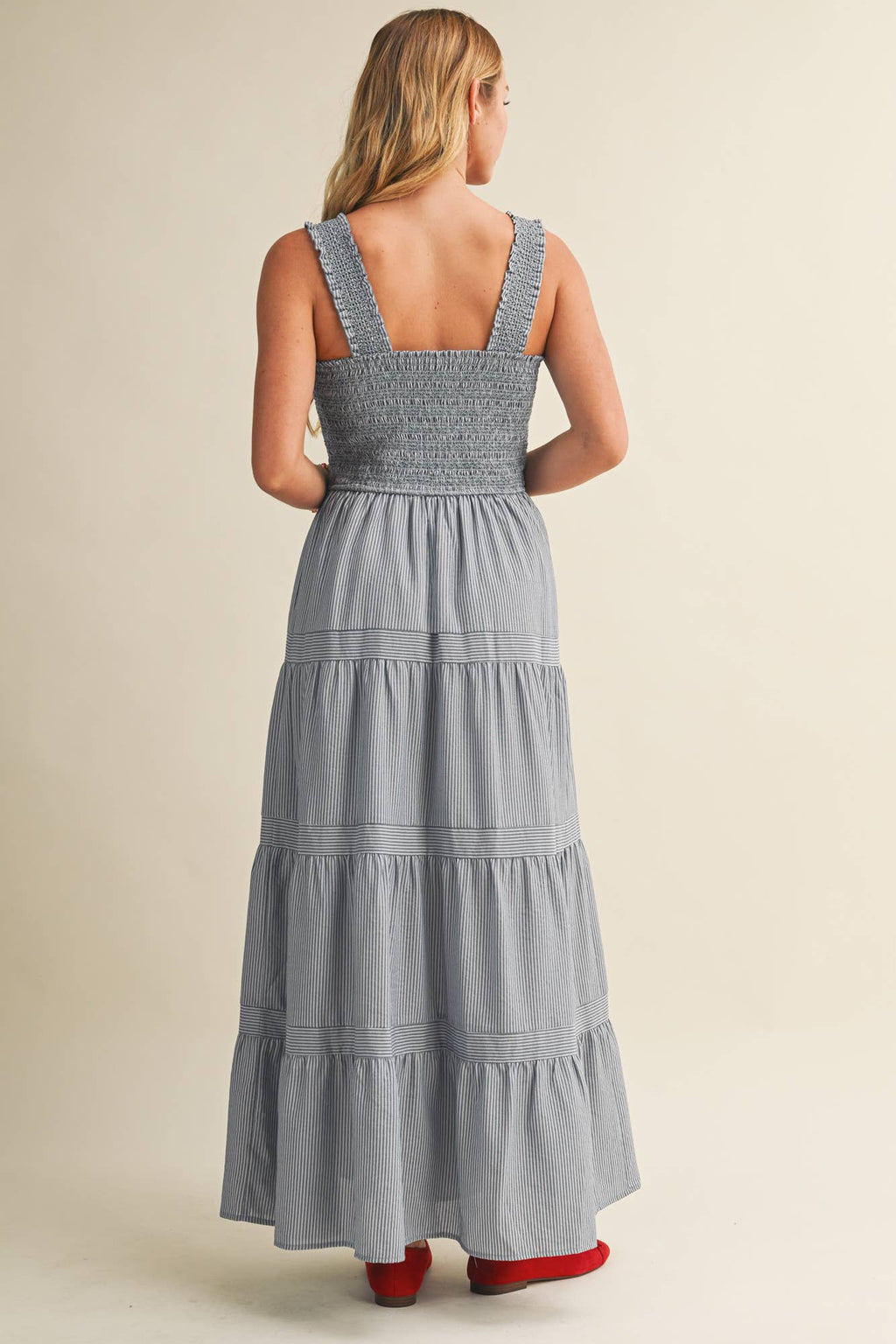 STRIPED SMOCKED-BODICE TIERED DRESS