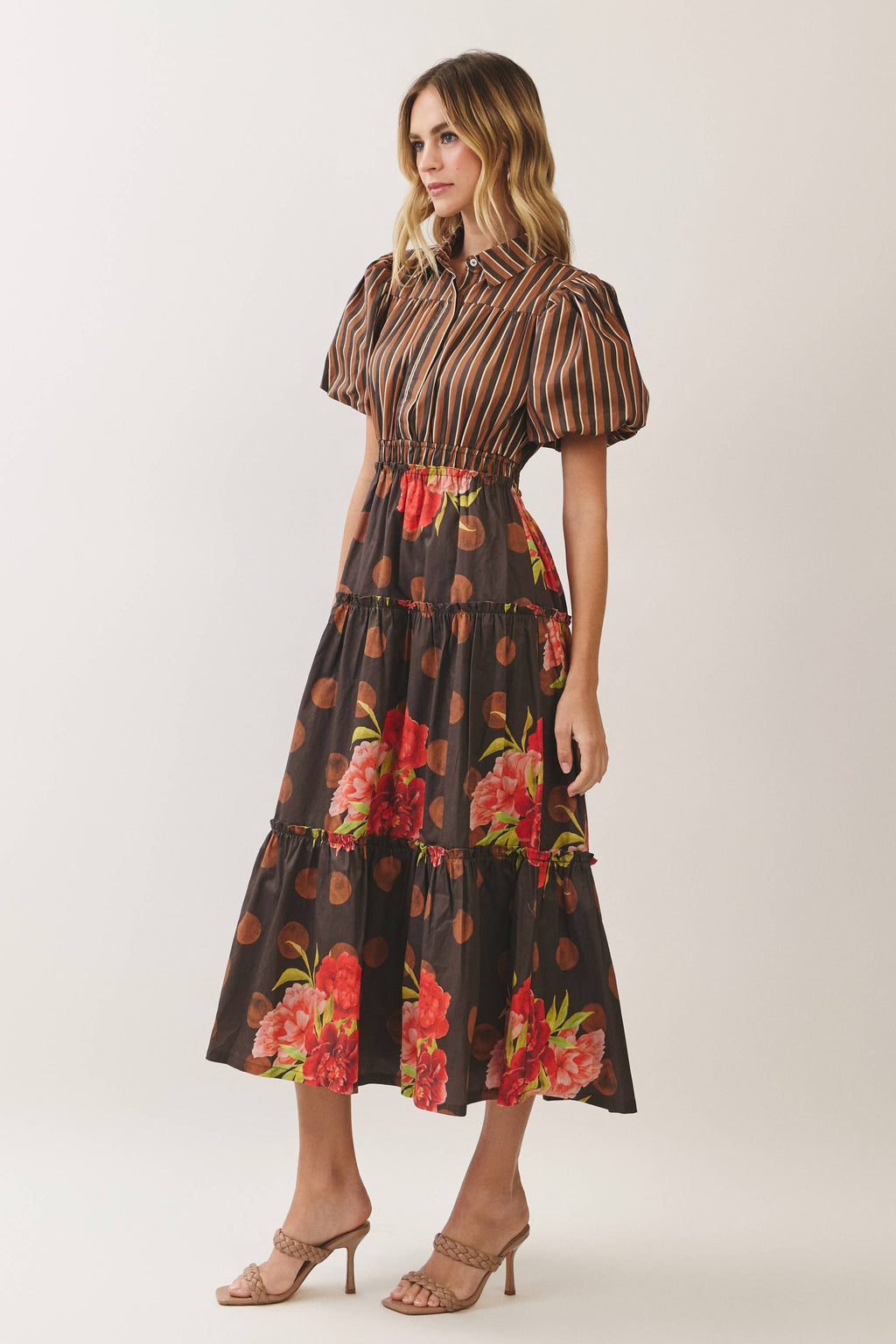 CD07570-Mixed Print Puff Sleeve Tiered Midi Dress