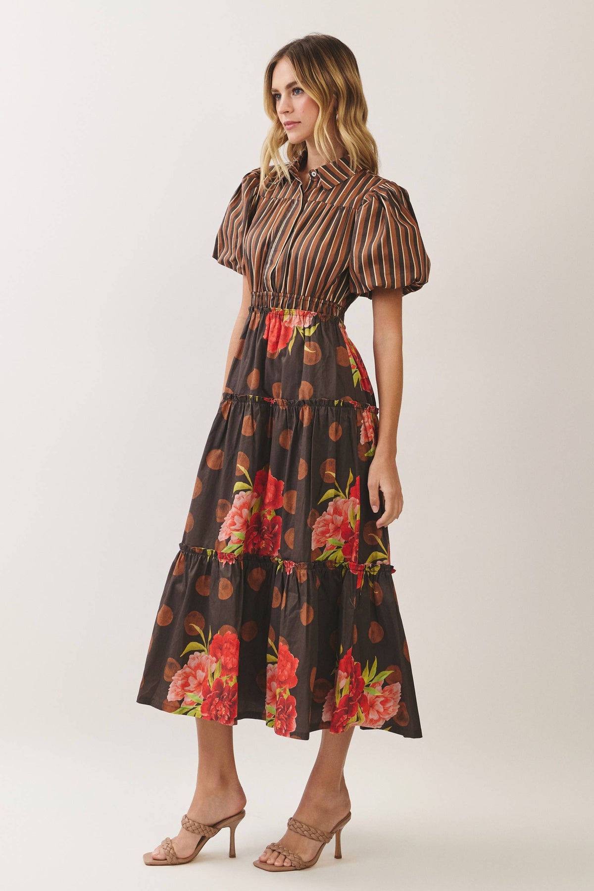 CD07570-Mixed Print Puff Sleeve Tiered Midi Dress