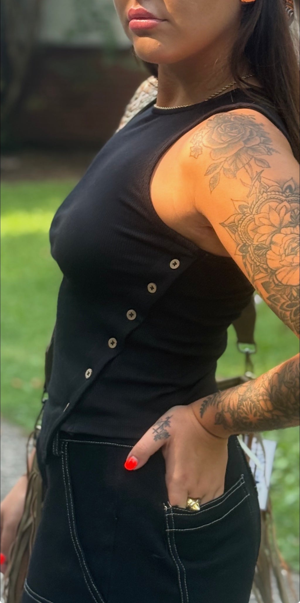 Black Side Button Tank Top