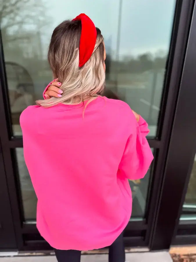 You Look Like You Love Me Neon Pink Split Neck Graphic Crew