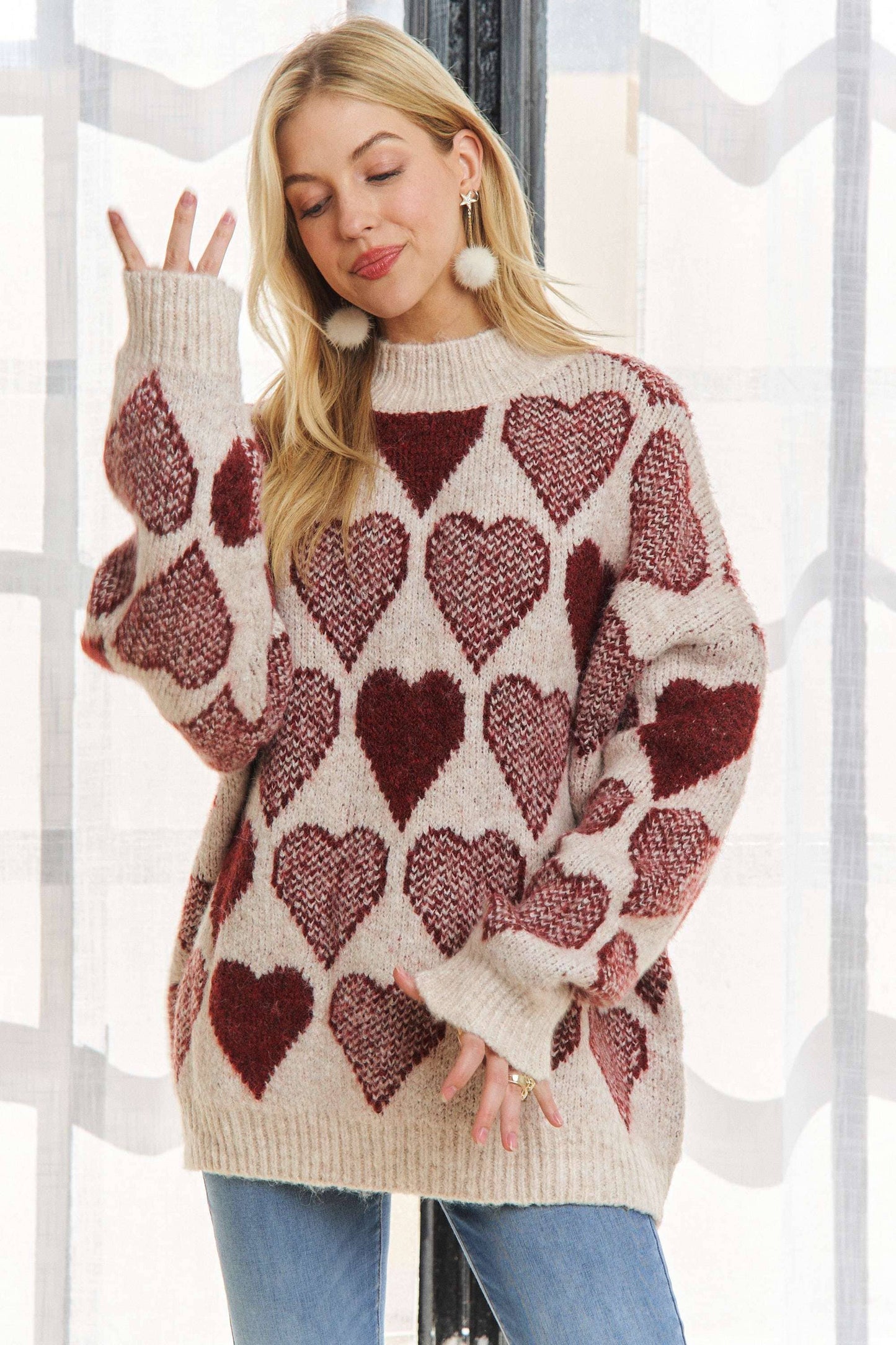 CESW2409 - MOCK NECK HEART PRINT PULLOVER SWEATER