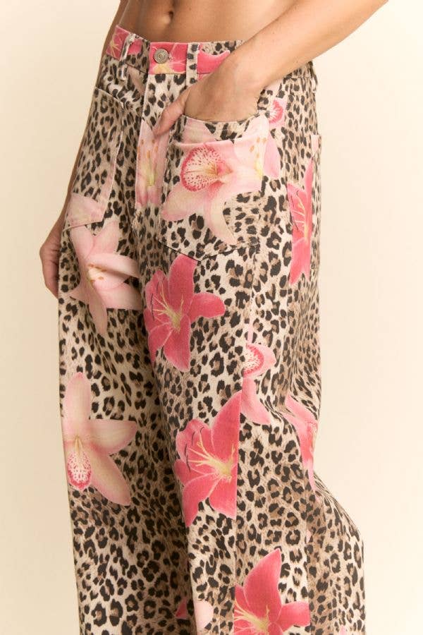LEOPARD FLORAL PRINT RELAXED WIDE LEG PANTS
