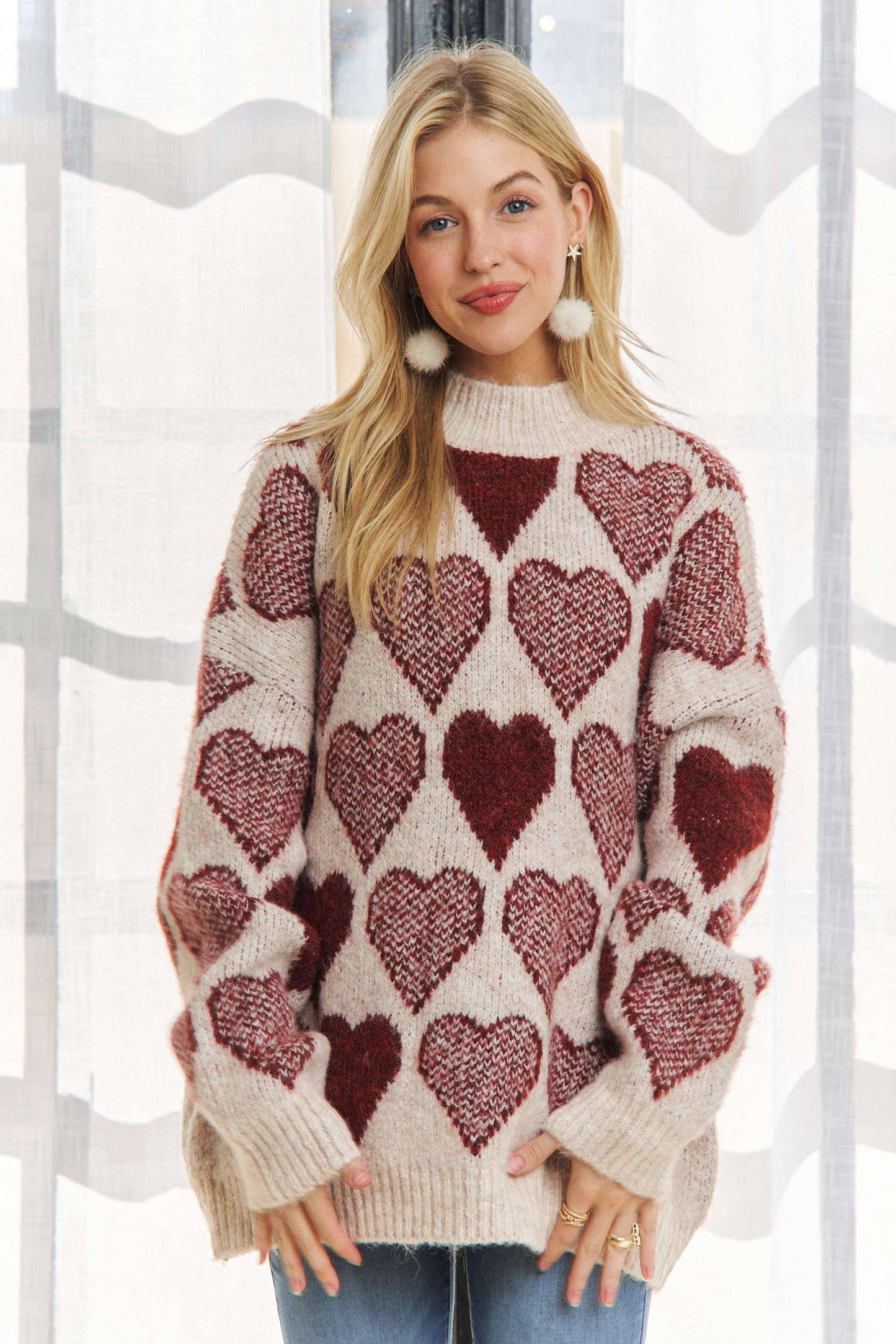 CESW2409 - MOCK NECK HEART PRINT PULLOVER SWEATER