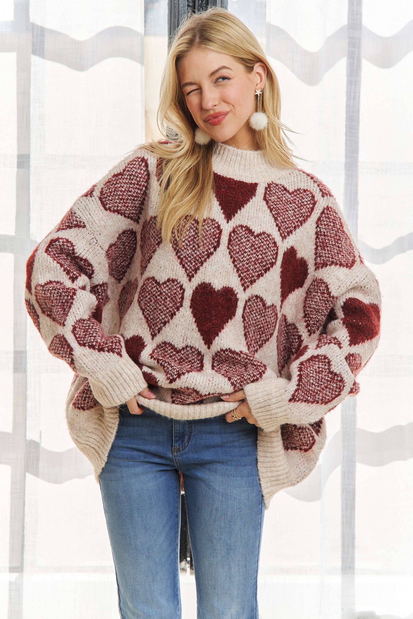 CESW2409 - MOCK NECK HEART PRINT PULLOVER SWEATER