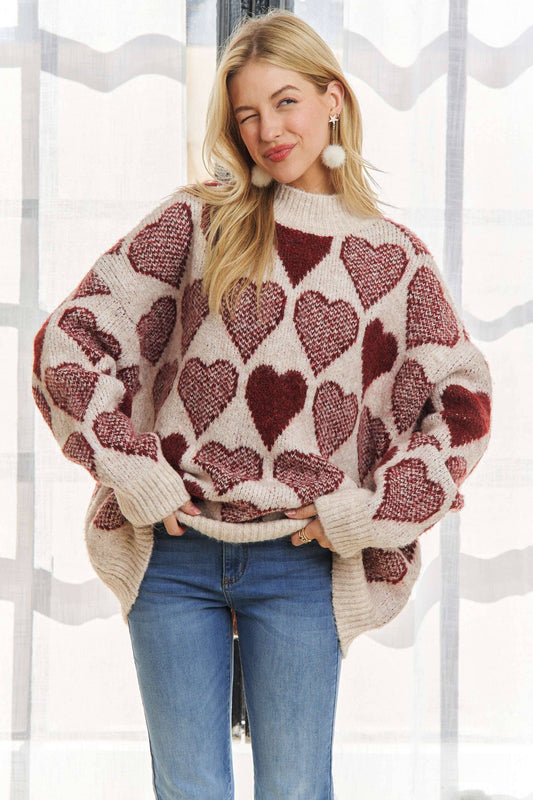 CESW2409 - MOCK NECK HEART PRINT PULLOVER SWEATER