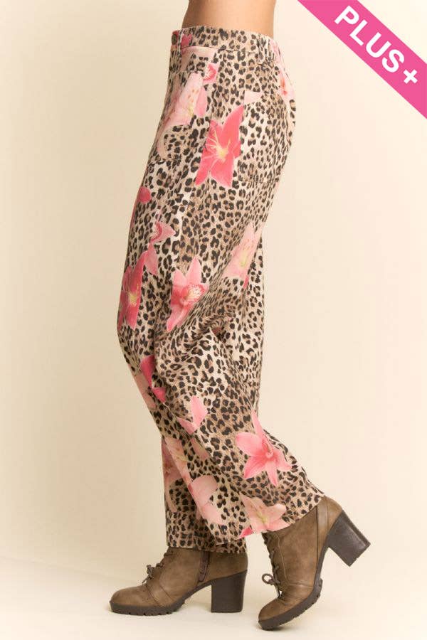 PLUS LEOPARD FLORAL PRINT RELAXED WIDE LEG PANTS