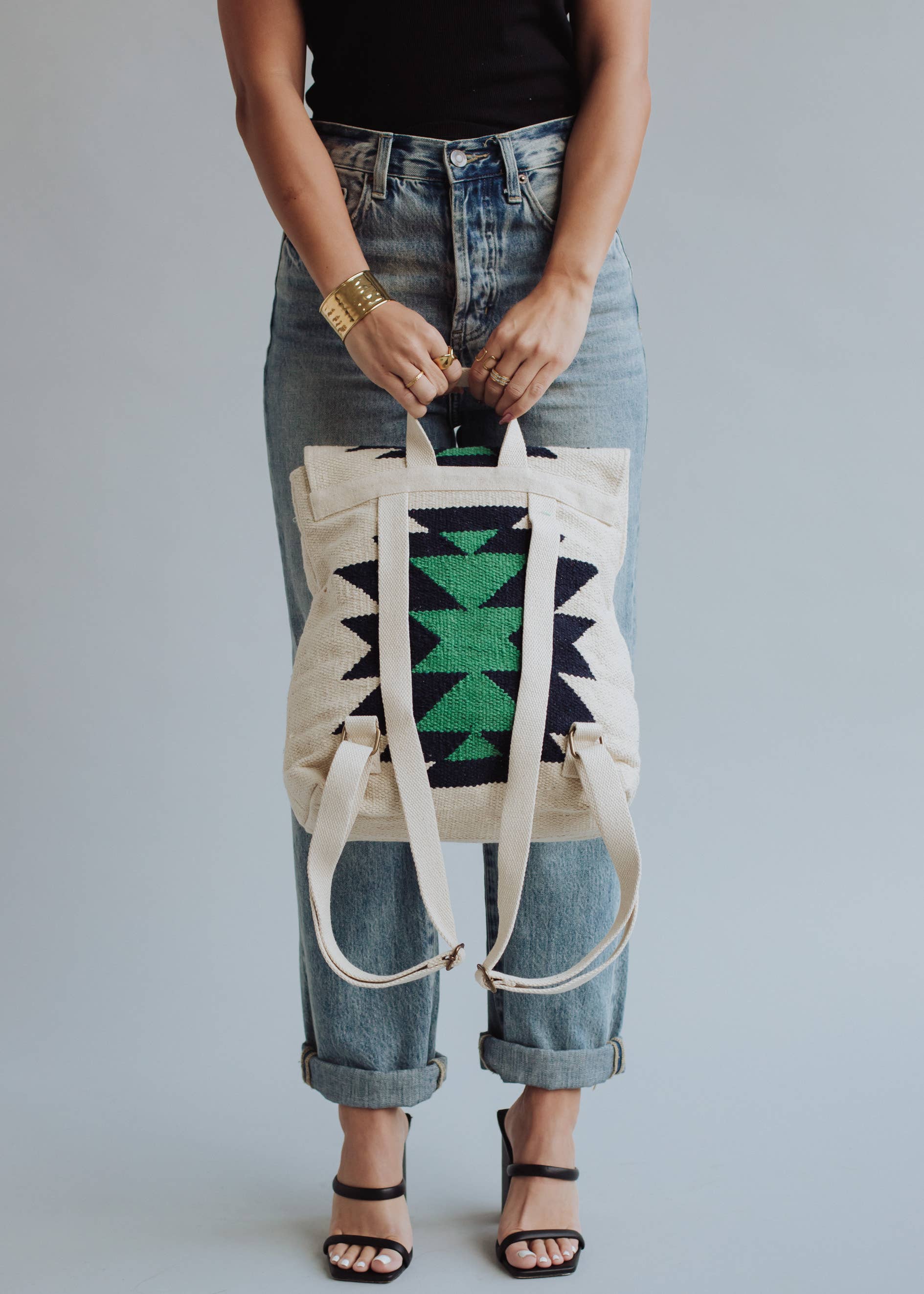 Cream, Navy & Green Aztec Backpack