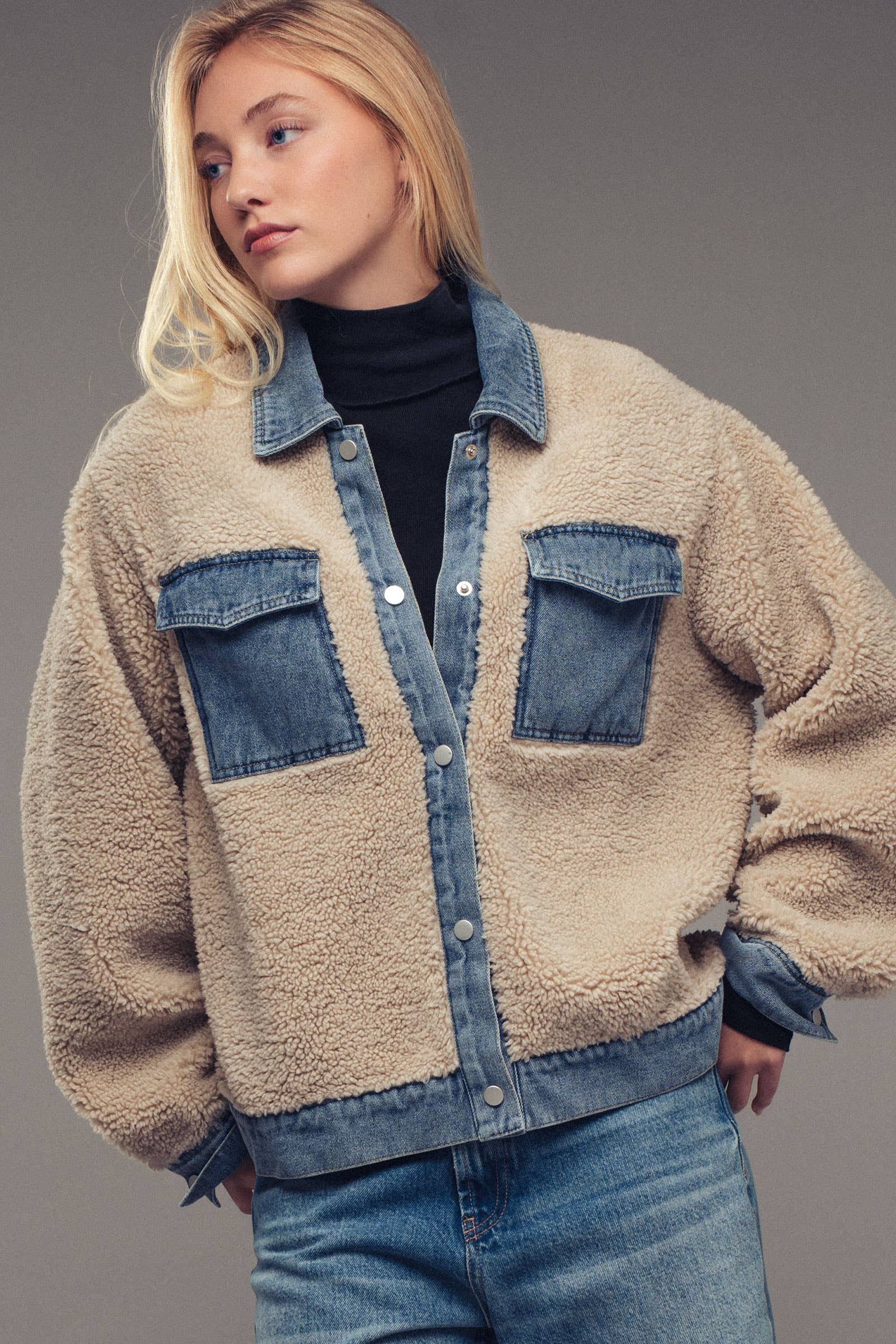 Denim Trim Cozy Sherpa Jacket