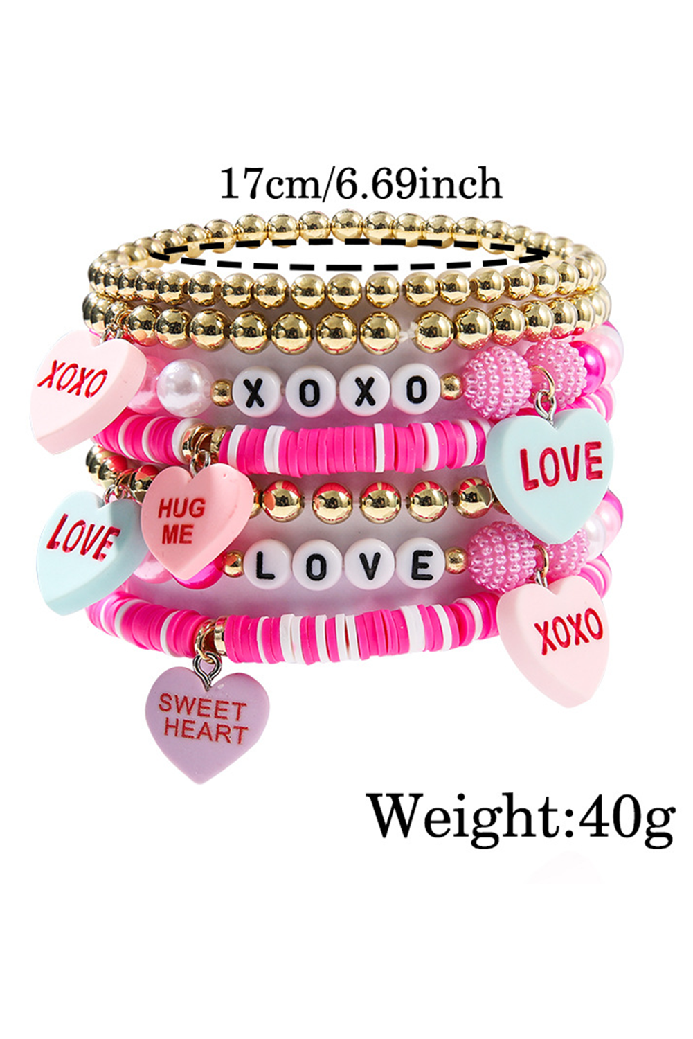 Valentine Heart Pendant Beaded Elastic Bracelet Set