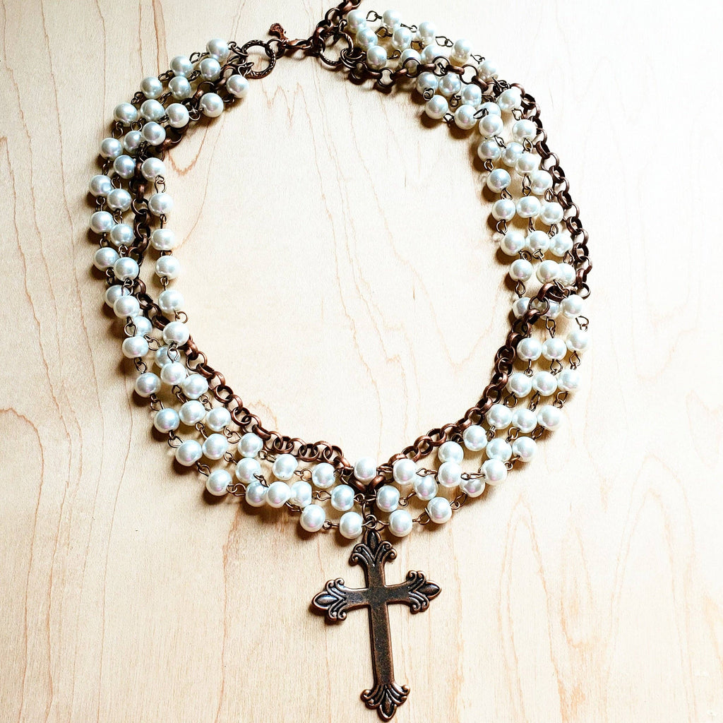 Pearl and Copper Beaded Collar Necklace with Copper Cross