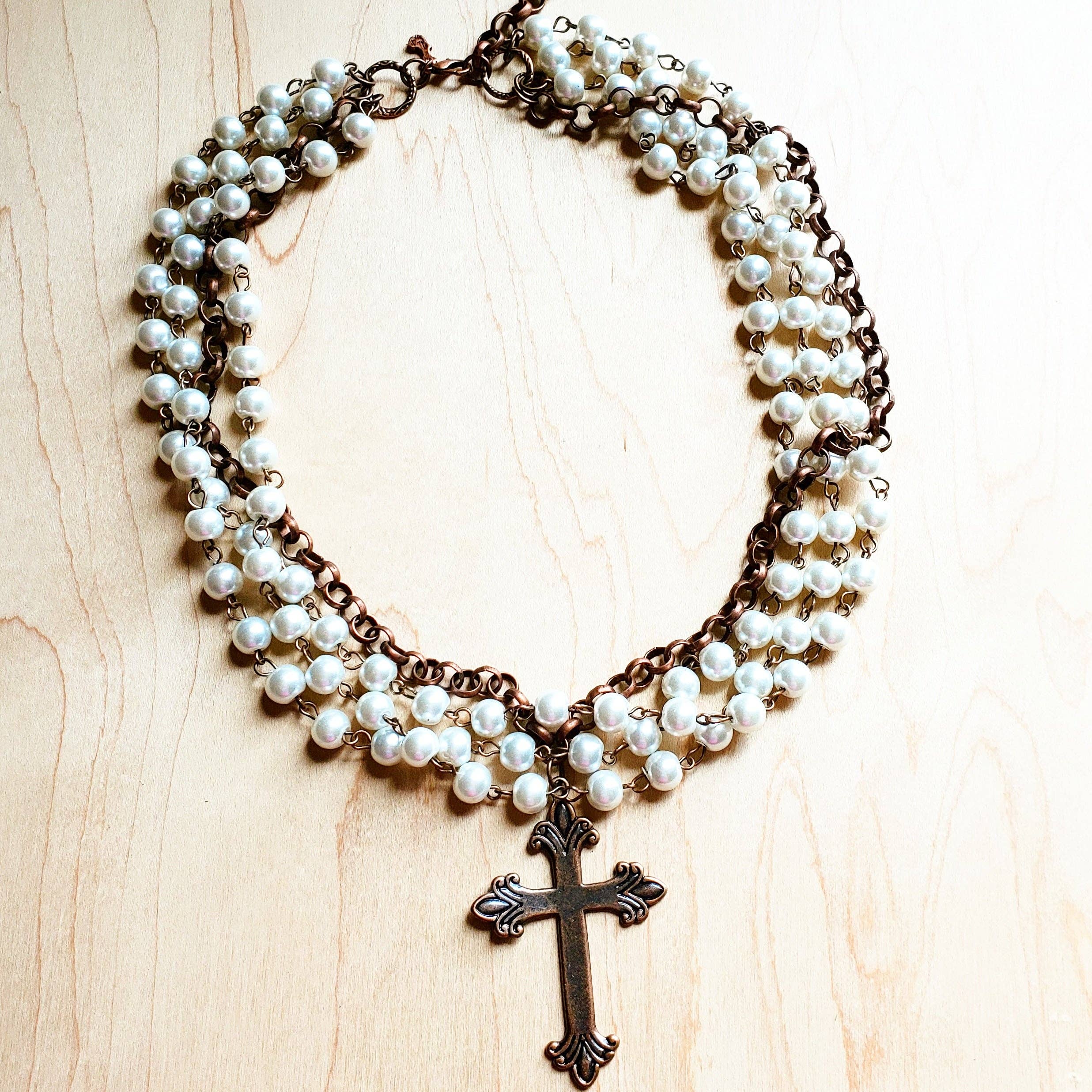 Pearl and Copper Beaded Collar Necklace with Copper Cross