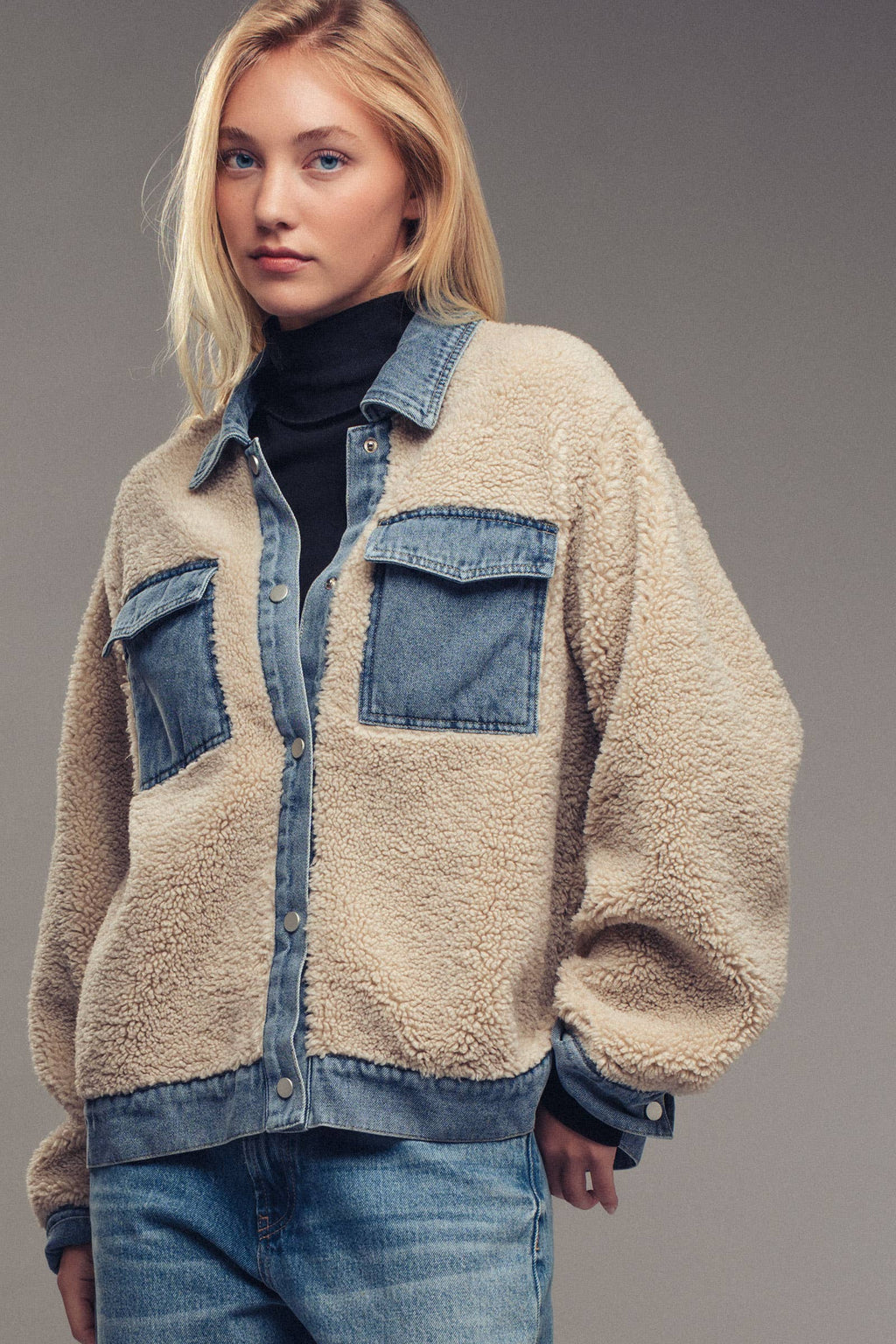 Denim Trim Cozy Sherpa Jacket