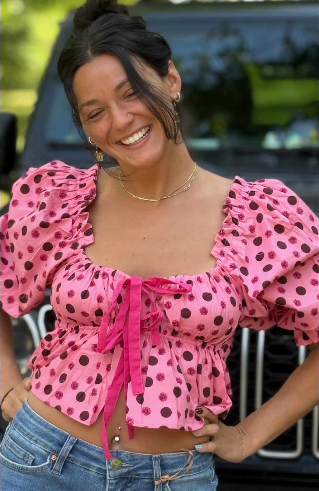 Pink top with Burgundy Polka Dots