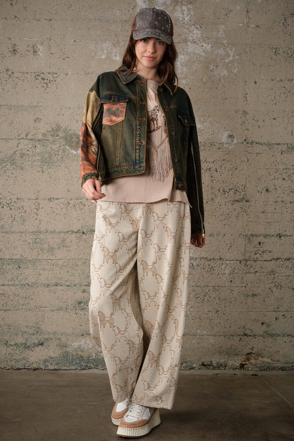 15544J Western Print Mix Denim Jacket