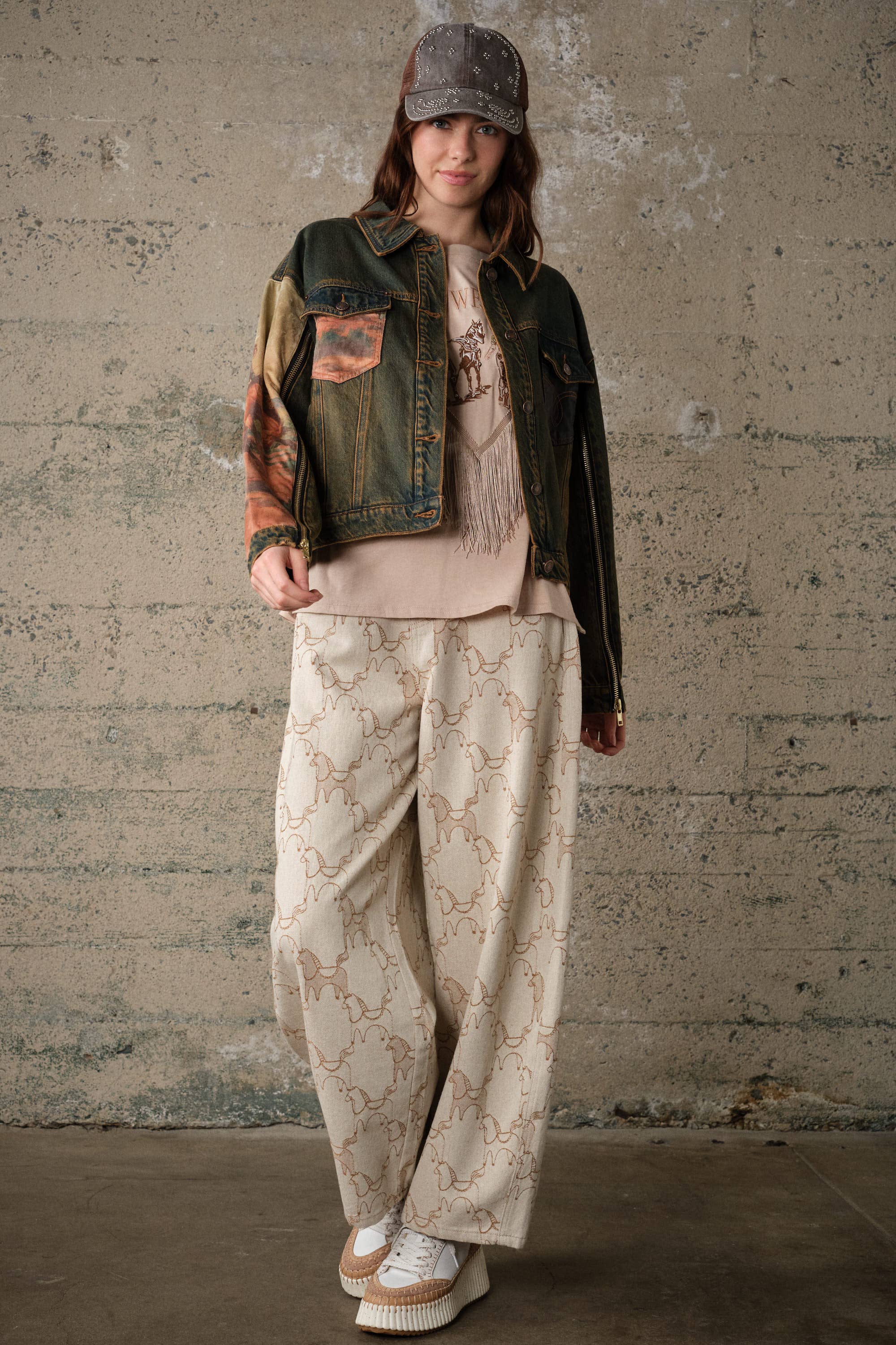 15544J Western Print Mix Denim Jacket
