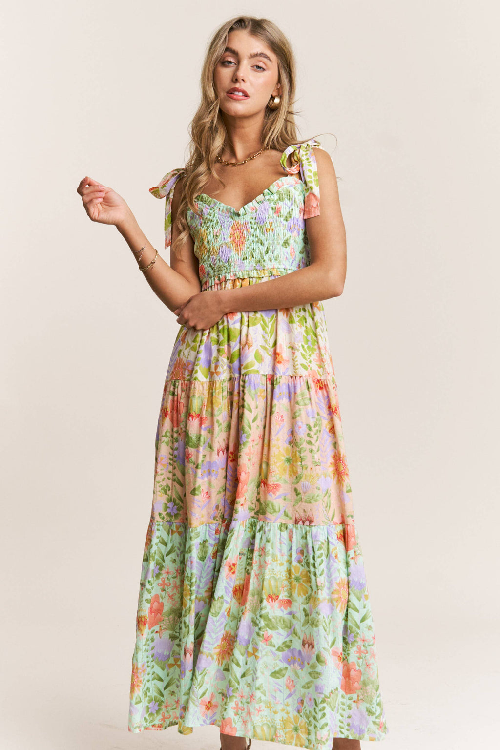 Smocked V-neck Tiered Multi Print Dress