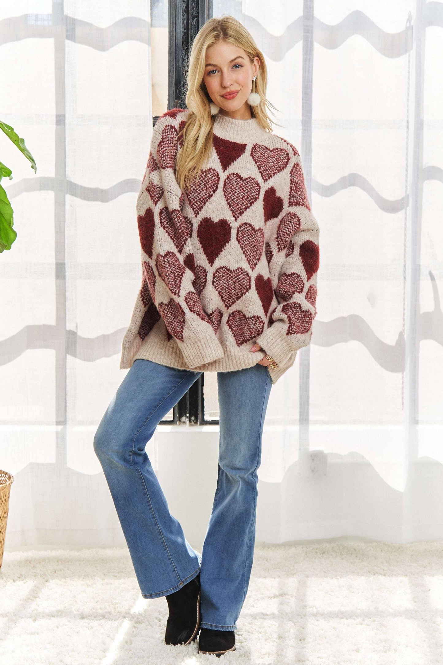 CESW2409 - MOCK NECK HEART PRINT PULLOVER SWEATER