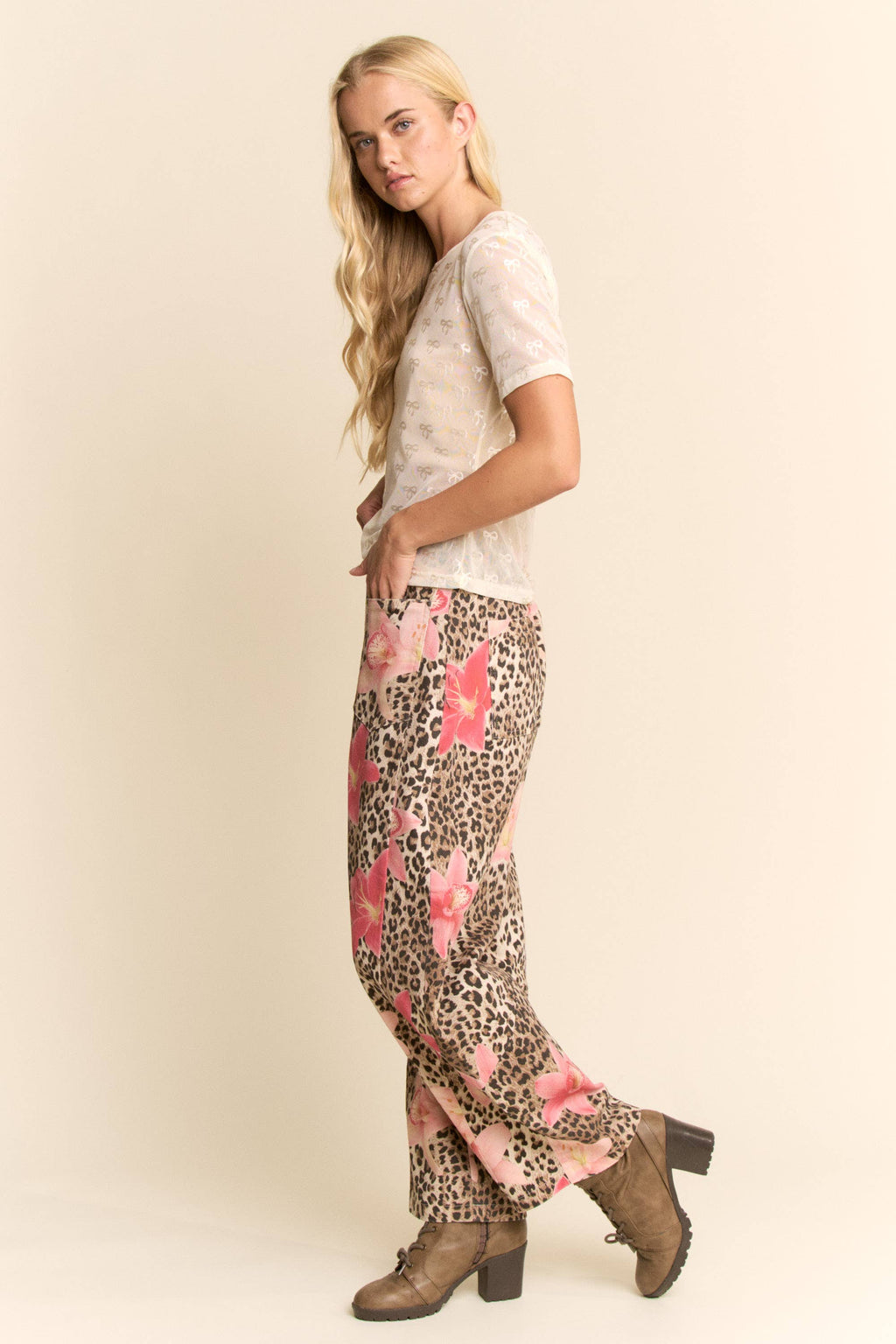 LEOPARD FLORAL PRINT RELAXED WIDE LEG PANTS