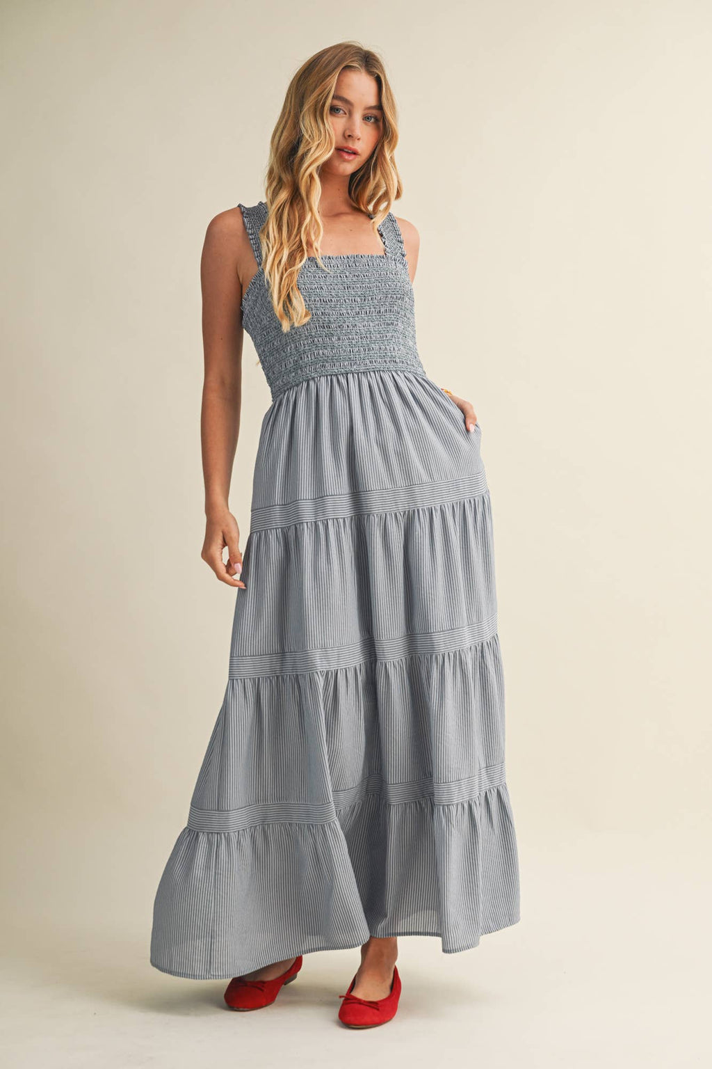 STRIPED SMOCKED-BODICE TIERED DRESS
