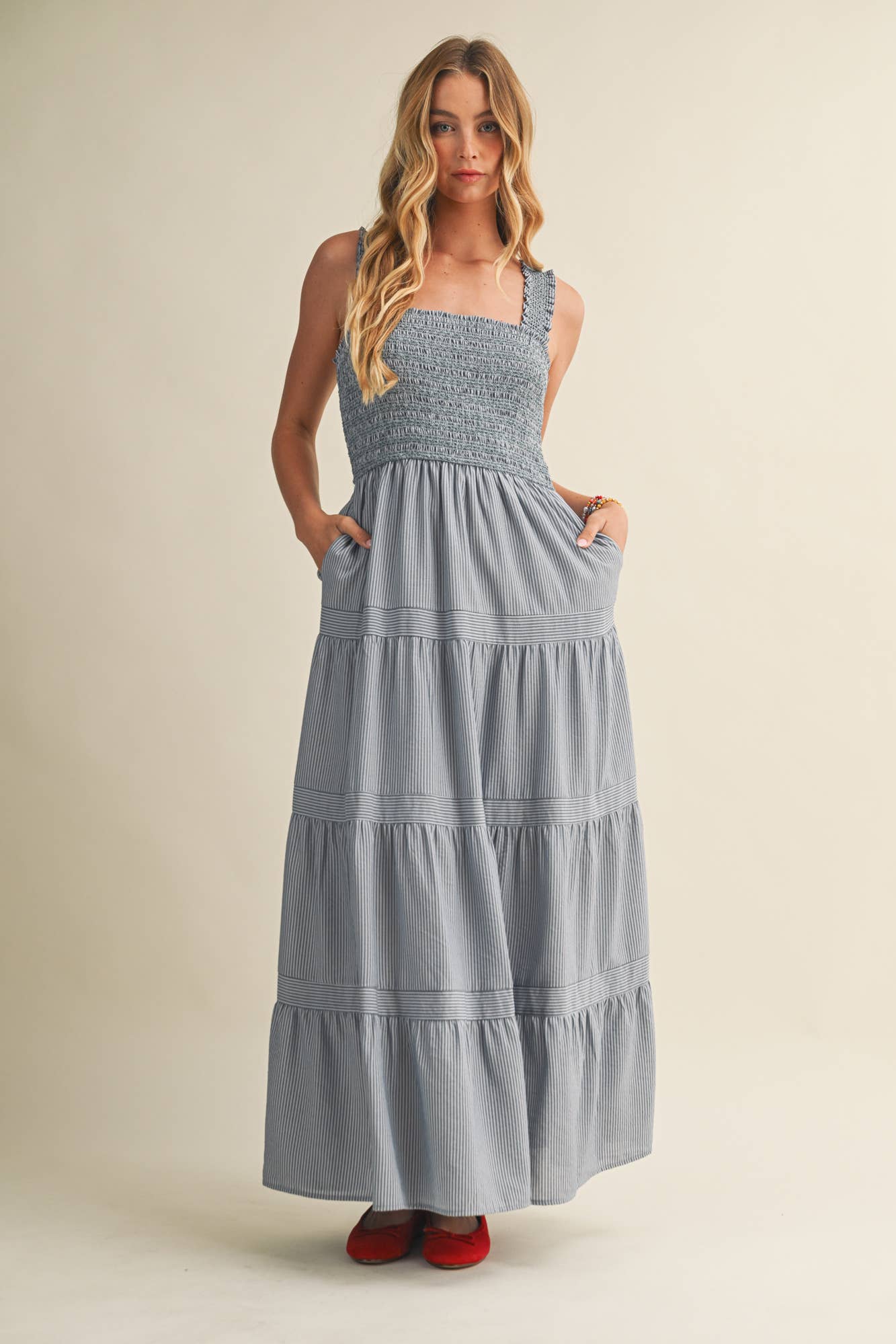 STRIPED SMOCKED-BODICE TIERED DRESS