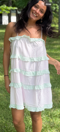Pink and Green Stripped  Ruffle Mini Dress